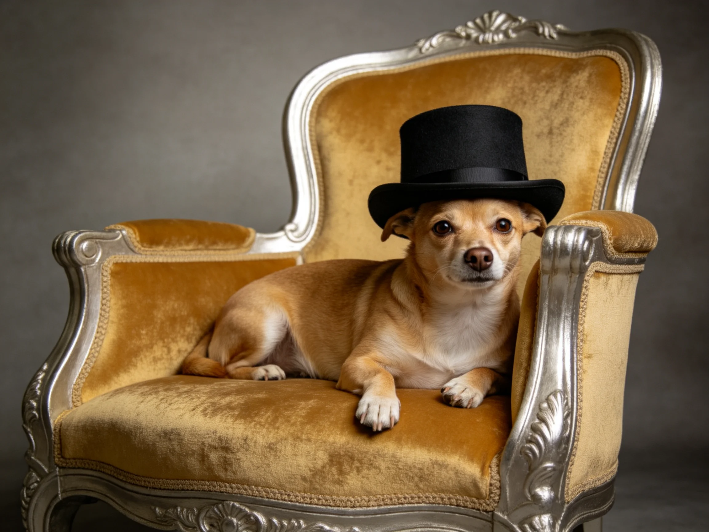 A small tan dog with a black top hat rests on an ornate gold chair.