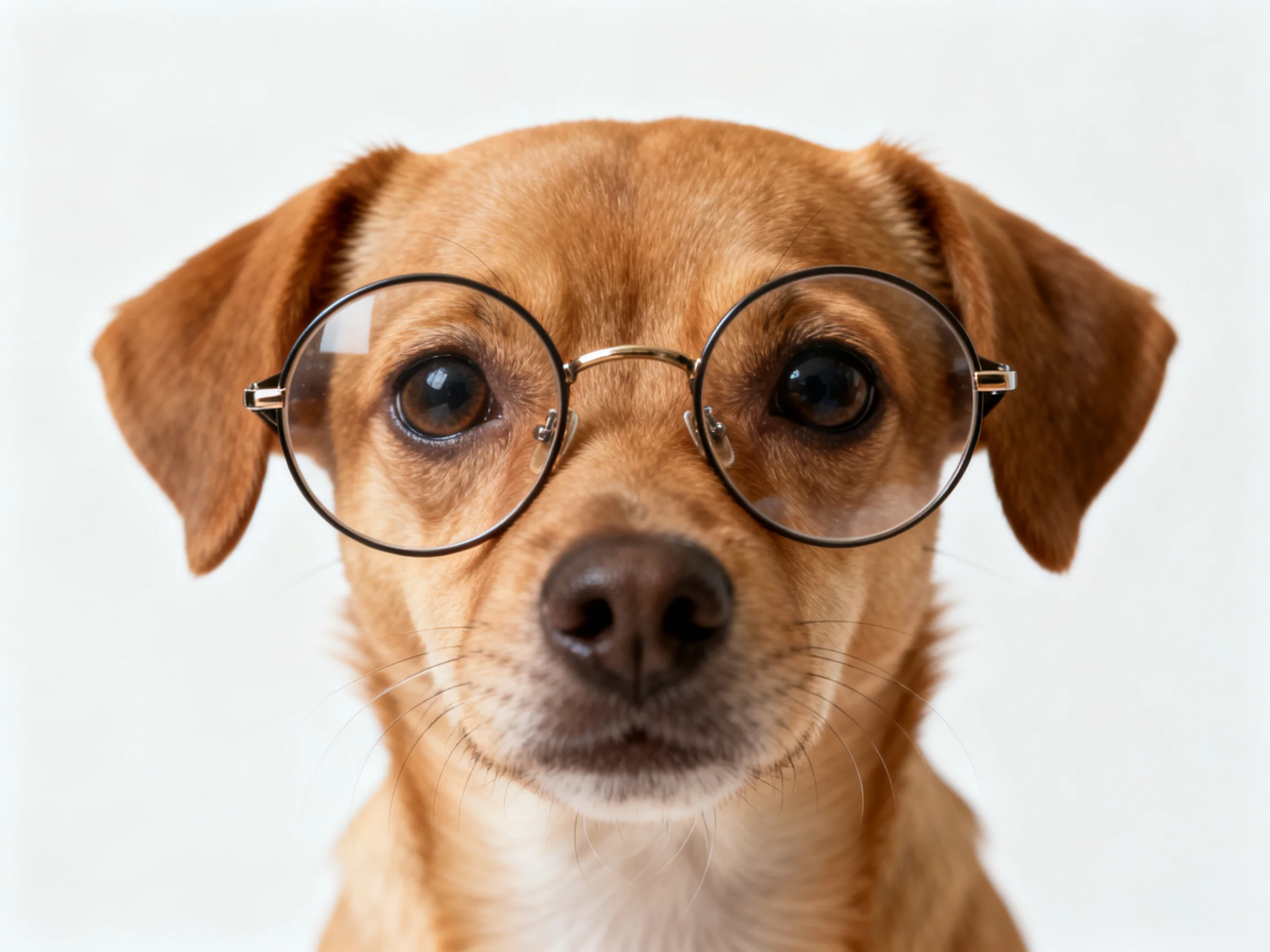 A small tan dog wears large round eyeglasses in front of a plain white background.