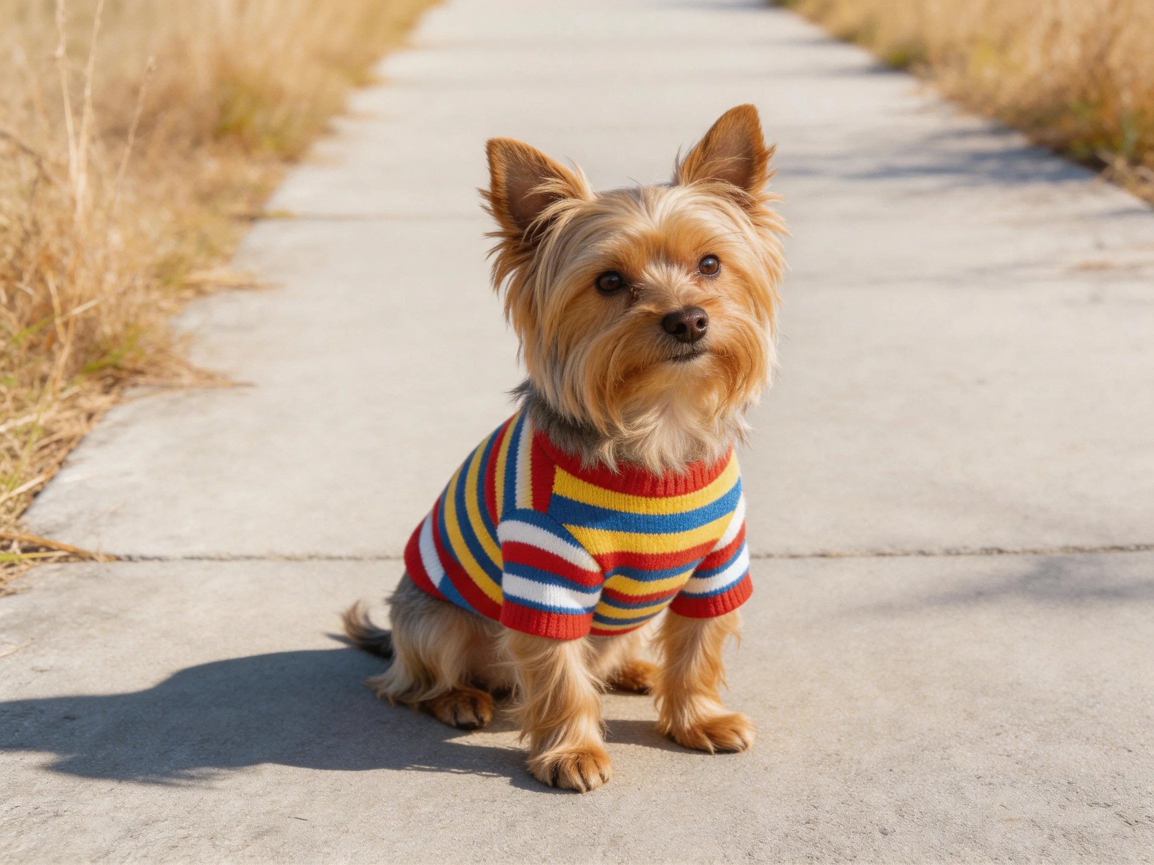 A small tan dog wears a colorful striped sweater on a concrete path