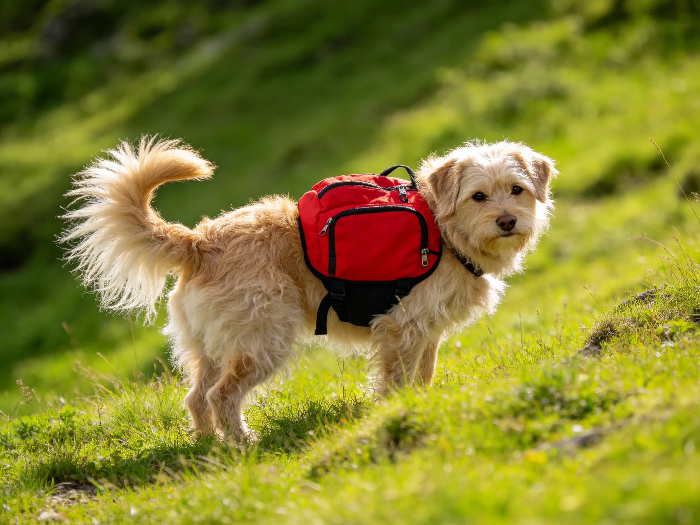 A small tan dog with a red backpack stands on a grassy hillside