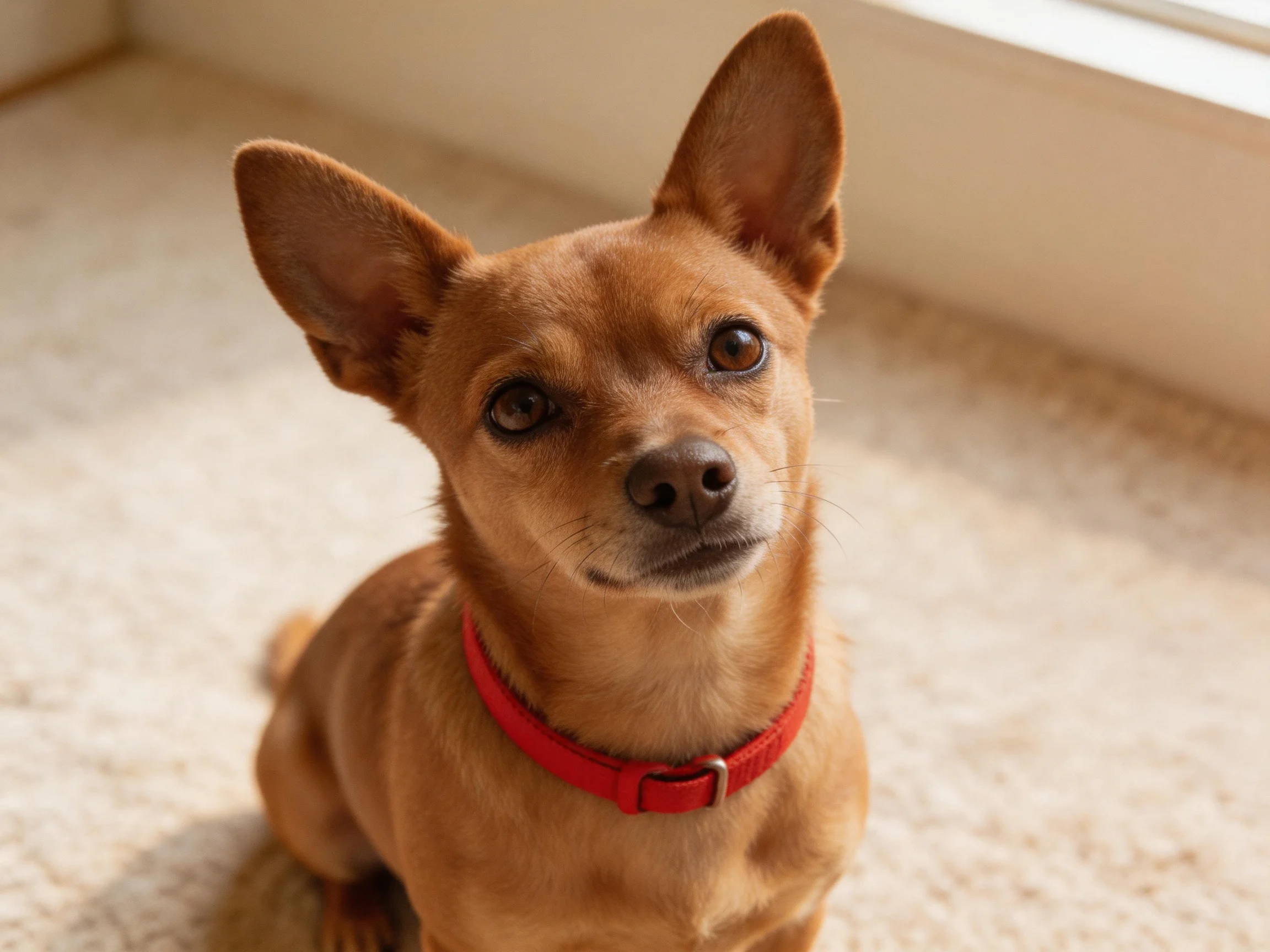 A small tan dog with a red collar sits near a window.