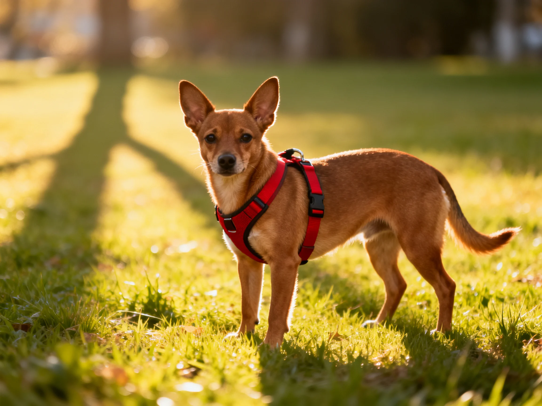 A small tan dog with a red harness stands in a sunlit grassy area.