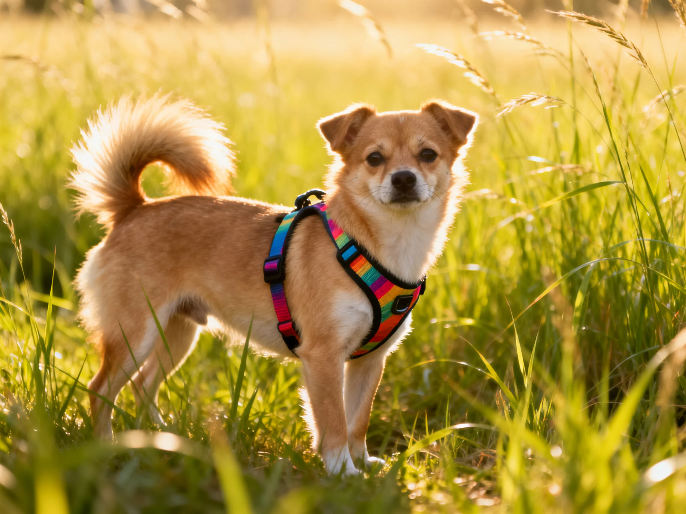 A small tan dog wearing a colorful harness is in a sunlit grassy area.