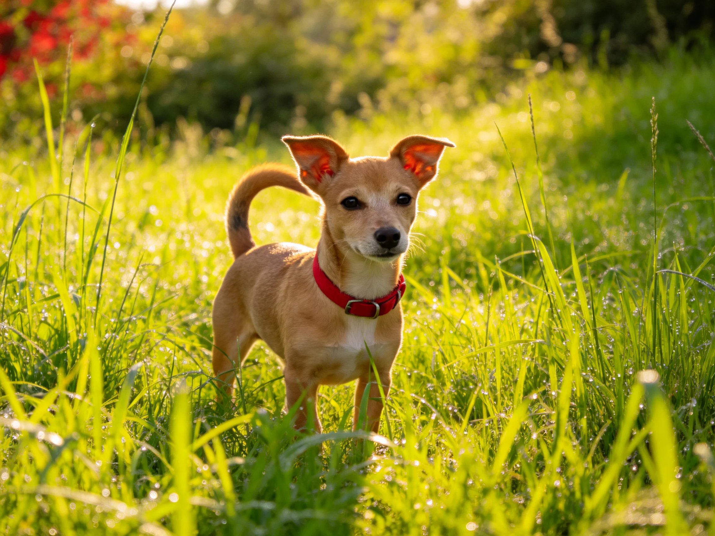 A small tan dog with a red collar stands among tall grass