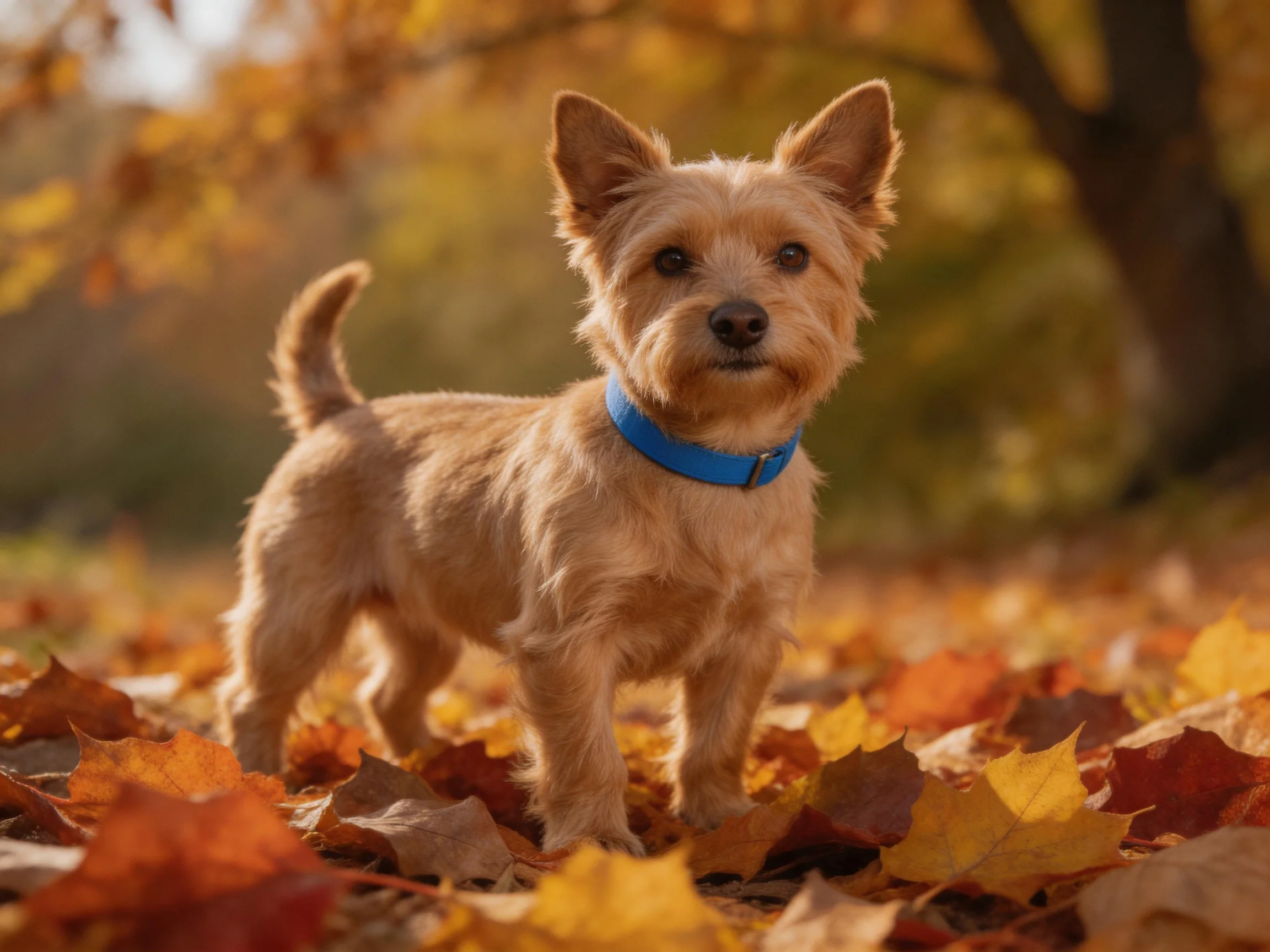 A small tan dog with a blue collar stands on autumn leaves.