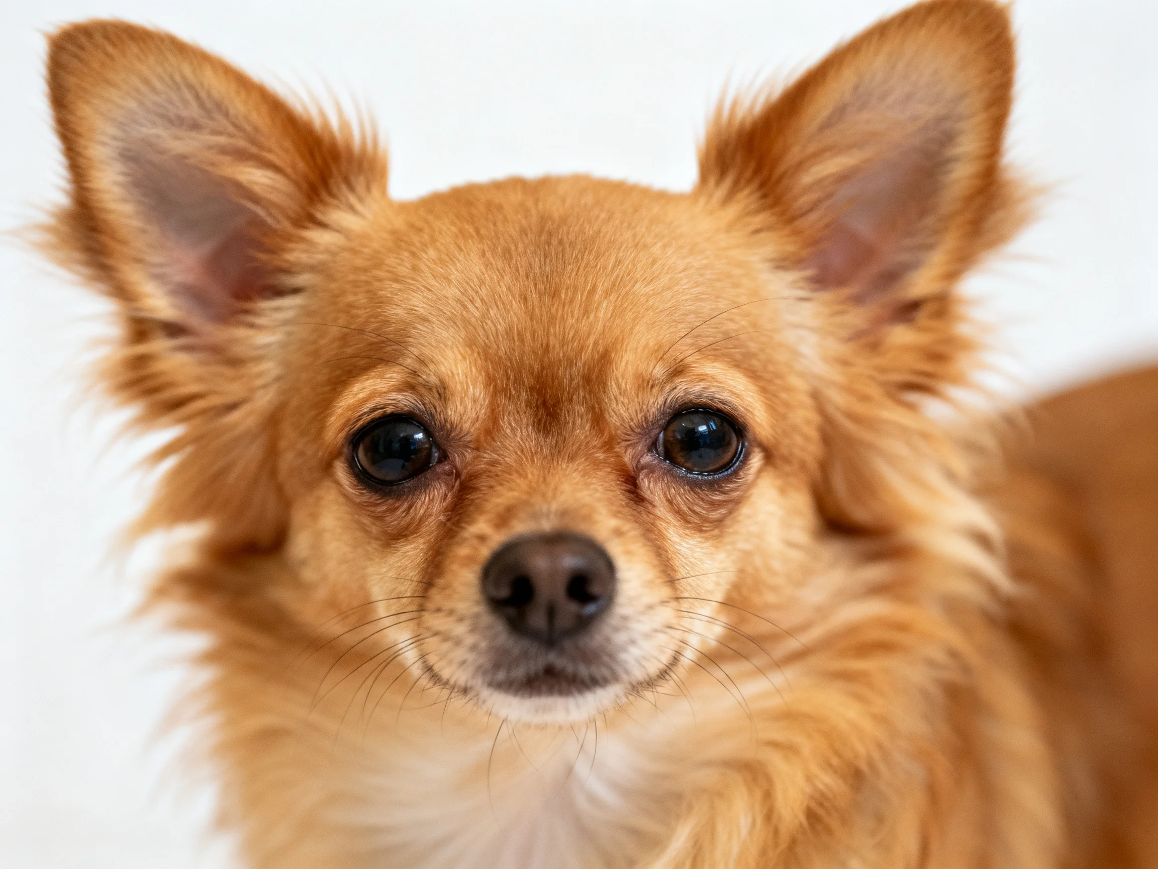 A small tan dog looks directly at the camera on a plain white background.