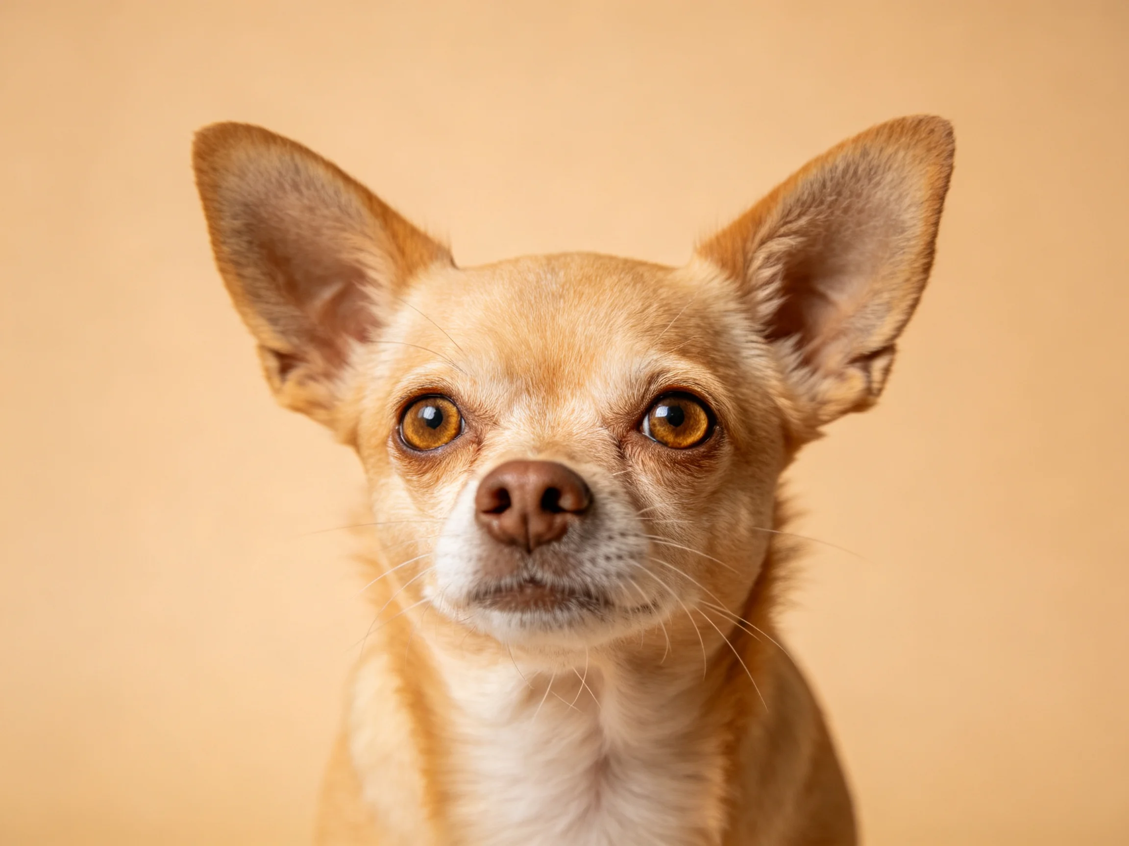A small tan dog with large upright ears on a neutral background