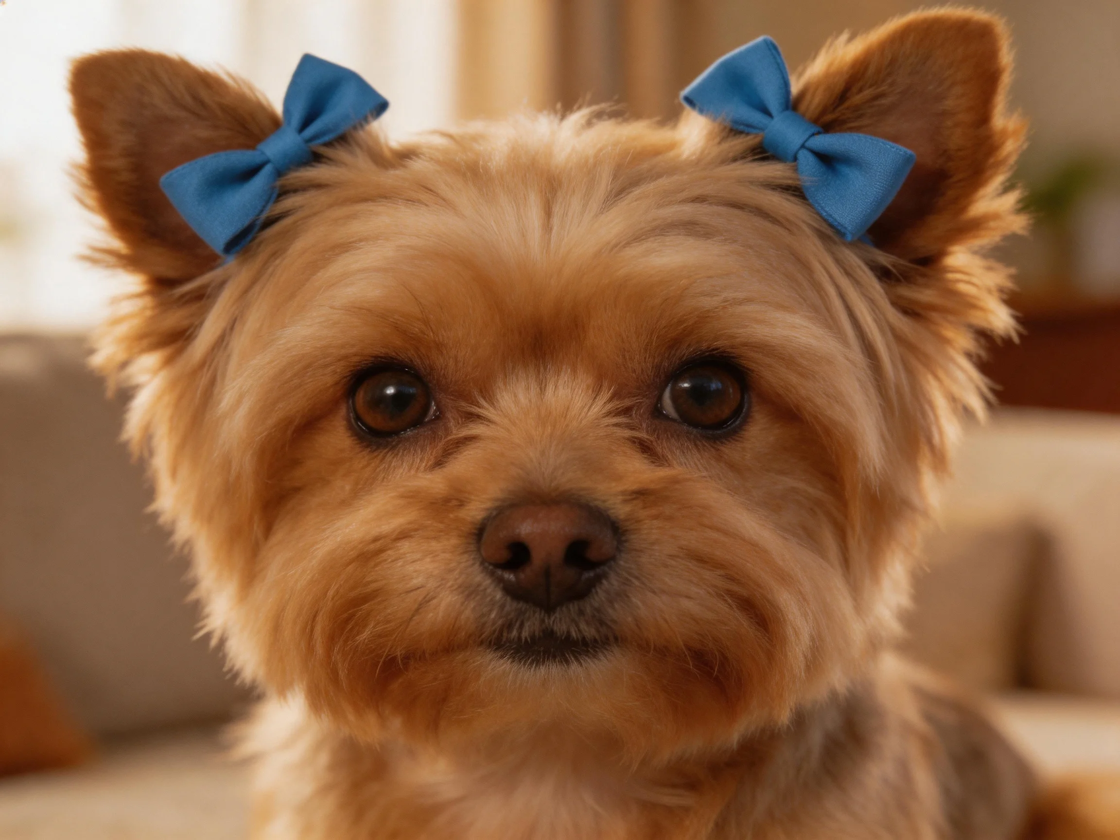 A small tan dog with blue bows poses indoors.