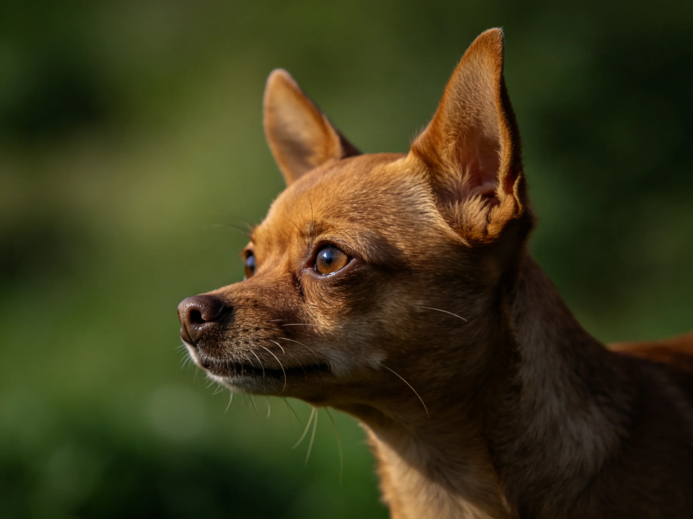 A small tan dog with upright ears gazes into lush green surroundings