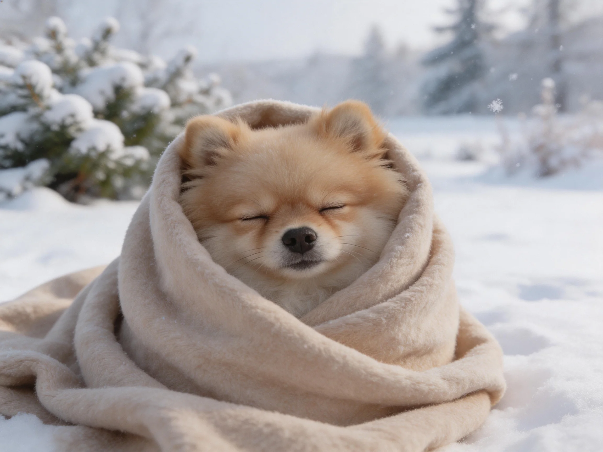 A small tan dog wrapped in a beige blanket amid snow-covered trees
