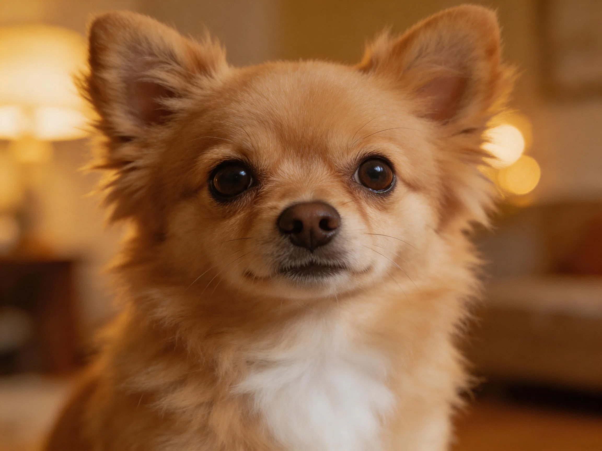 A small tan dog with large eyes is in a warmly lit indoor space.