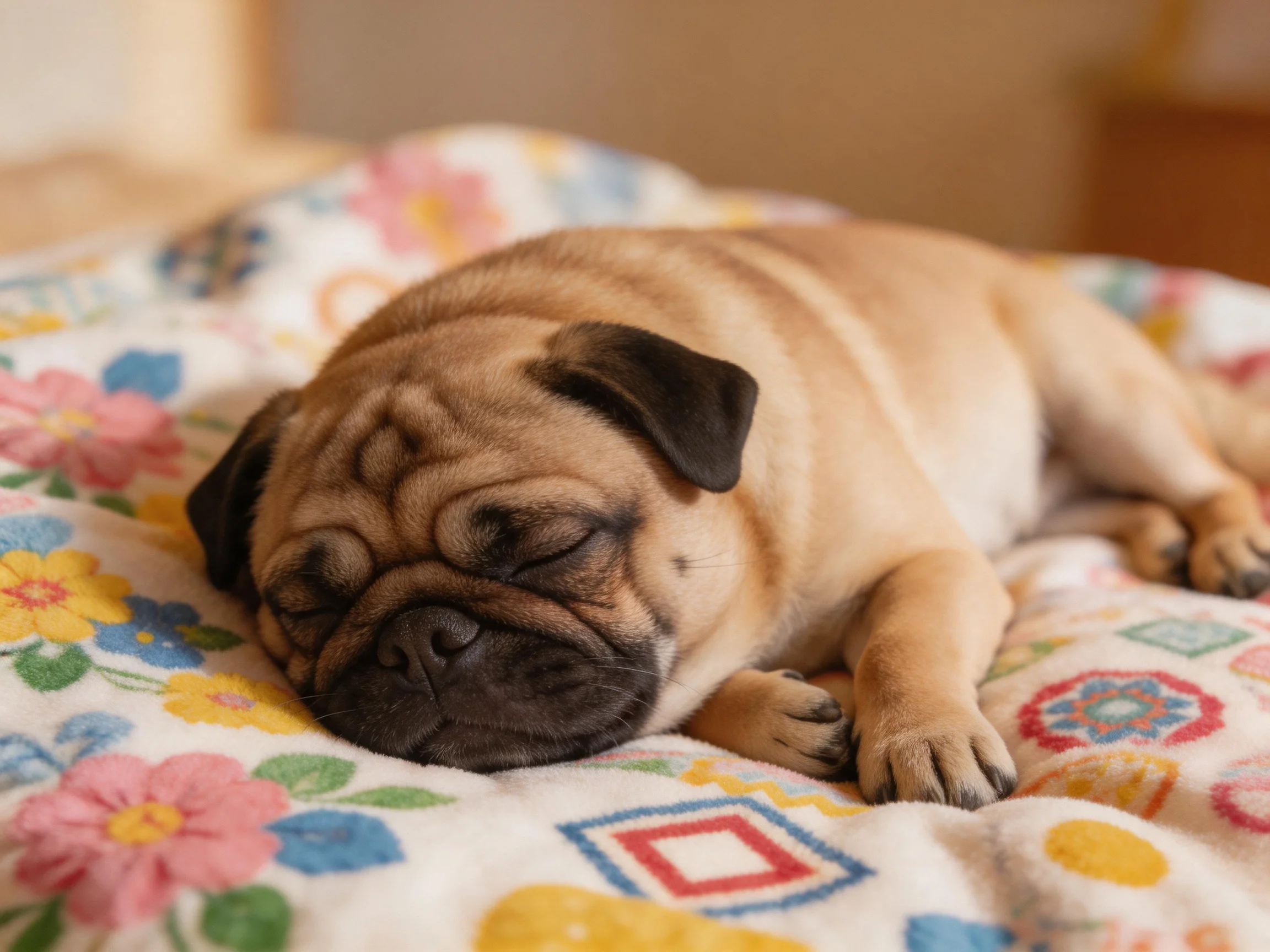 A small tan pug puppy sleeps on a colorful floral-patterned blanket