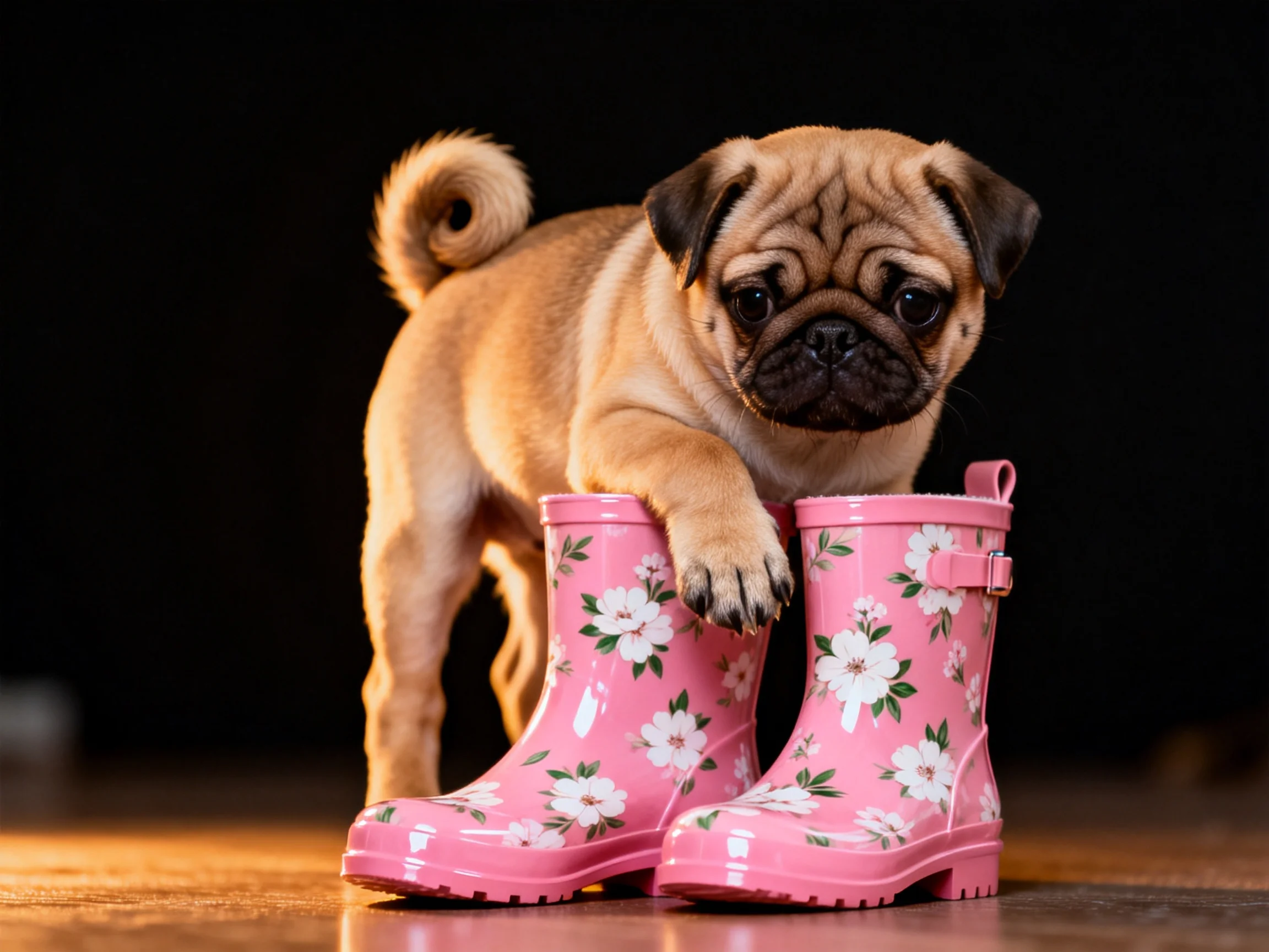 A small tan pug puppy stands beside pink floral rain boots
