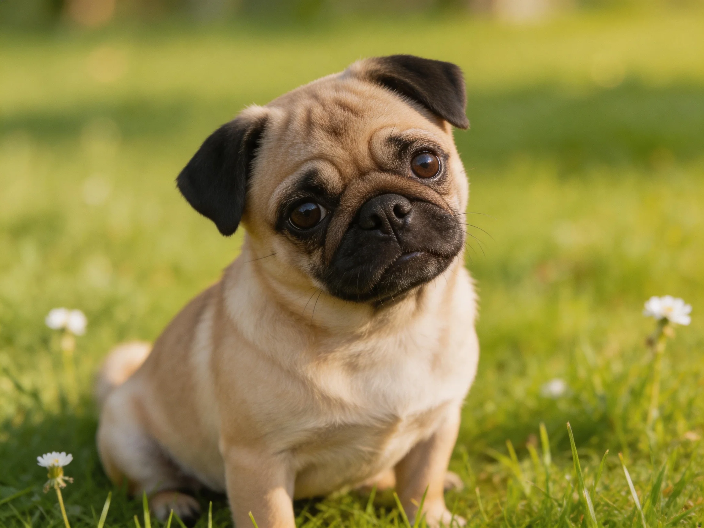 A small tan pug sits among lush green grass and white flowers