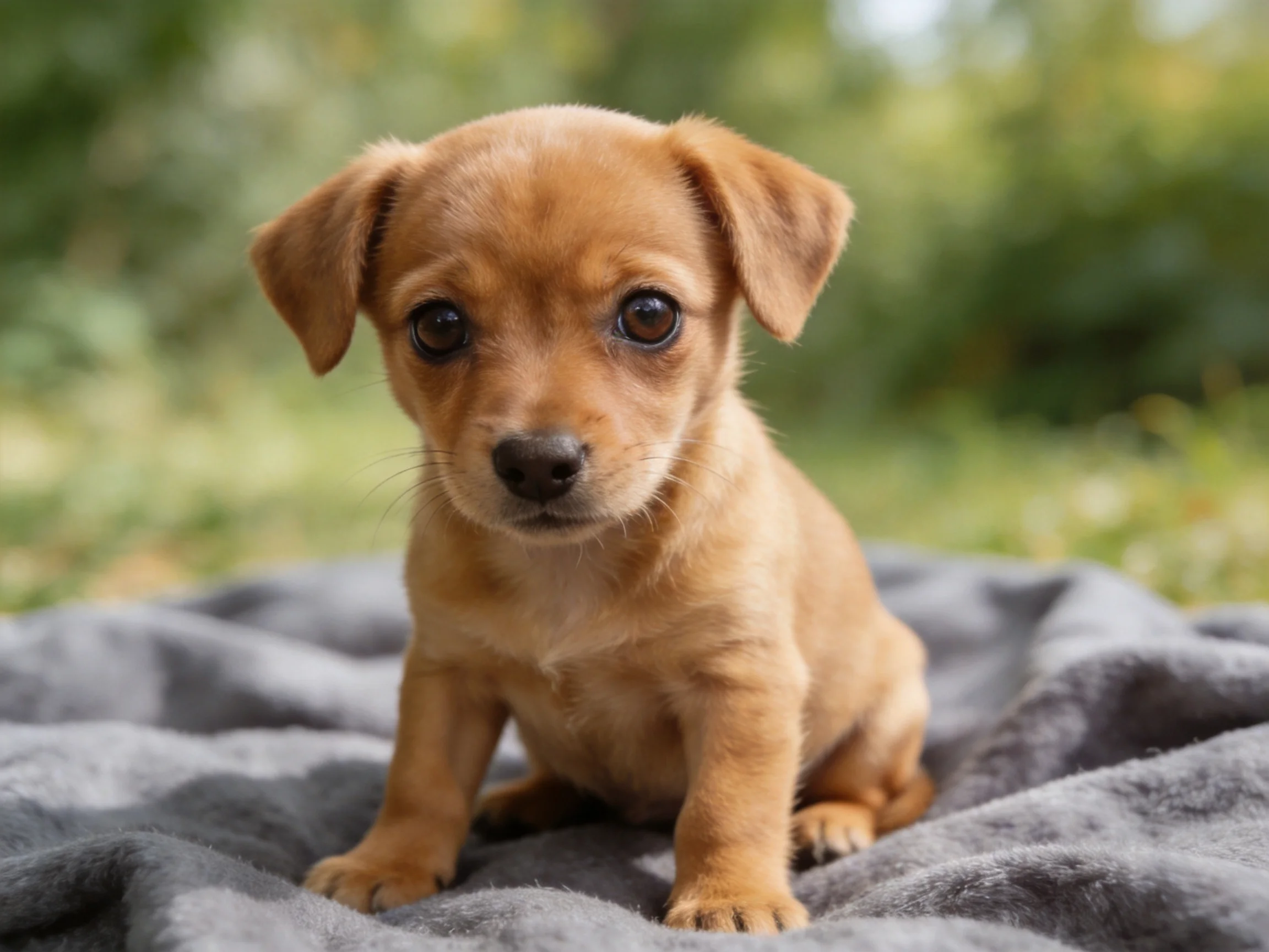 A small tan puppy sits on a gray blanket in a green outdoor setting