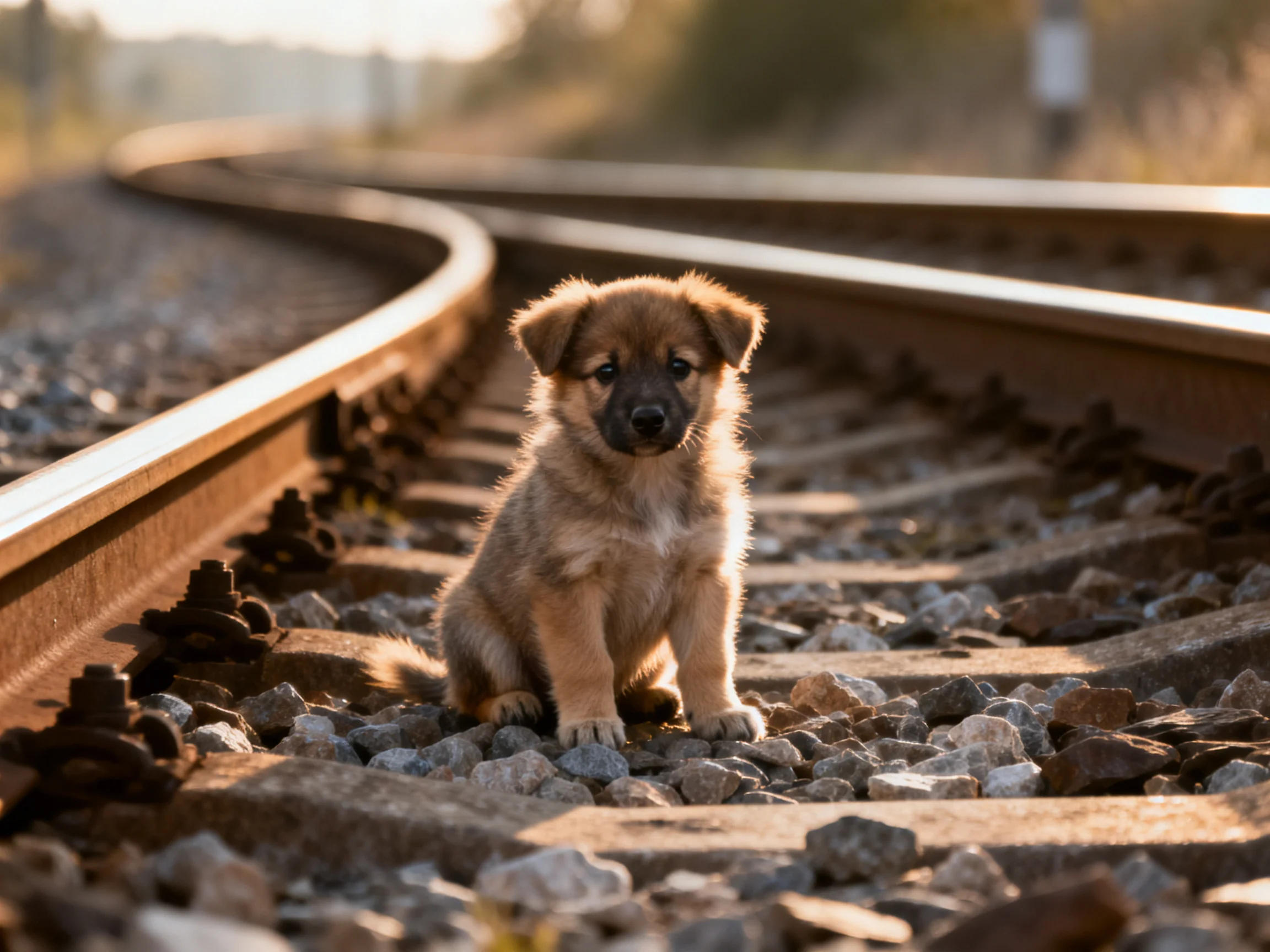 A small tan puppy sits alone on railway tracks with gravel and metal rails.