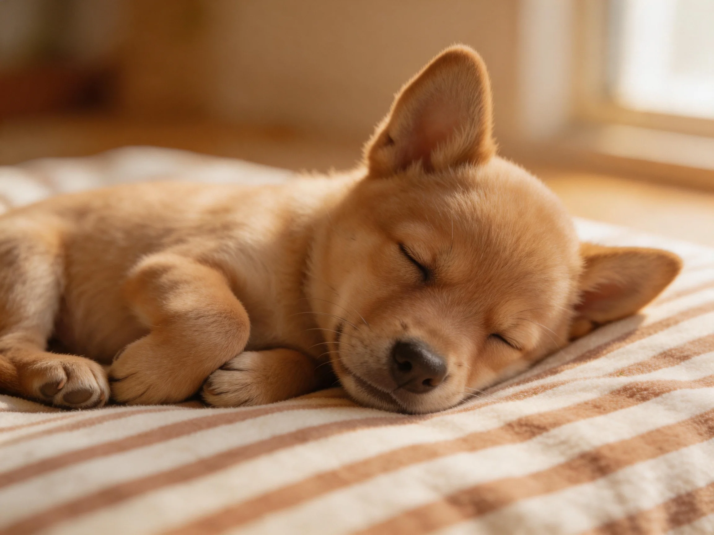 A small tan puppy sleeps on a striped blanket near a sunlit window