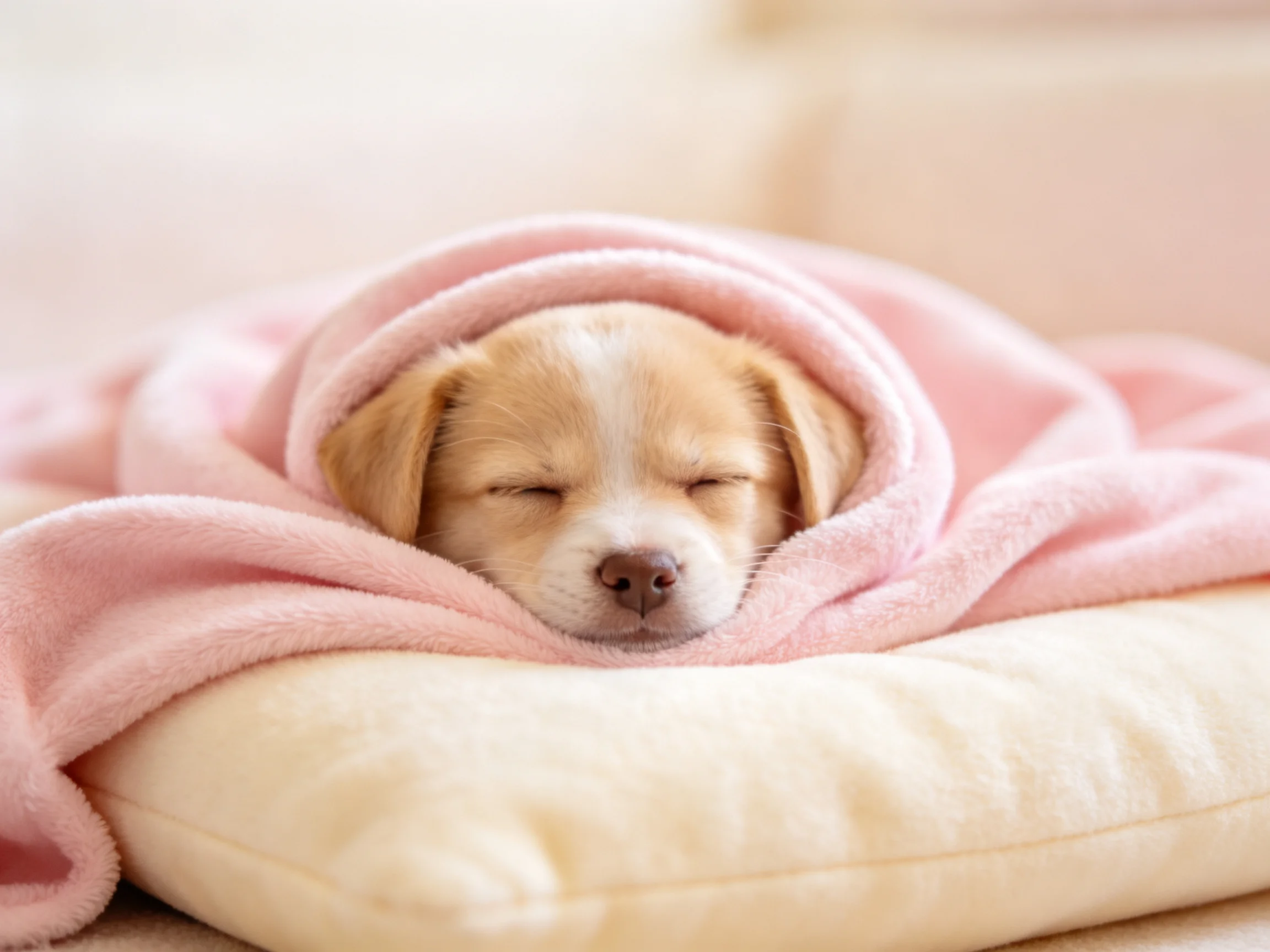 A small tan puppy sleeps wrapped in a soft pink blanket