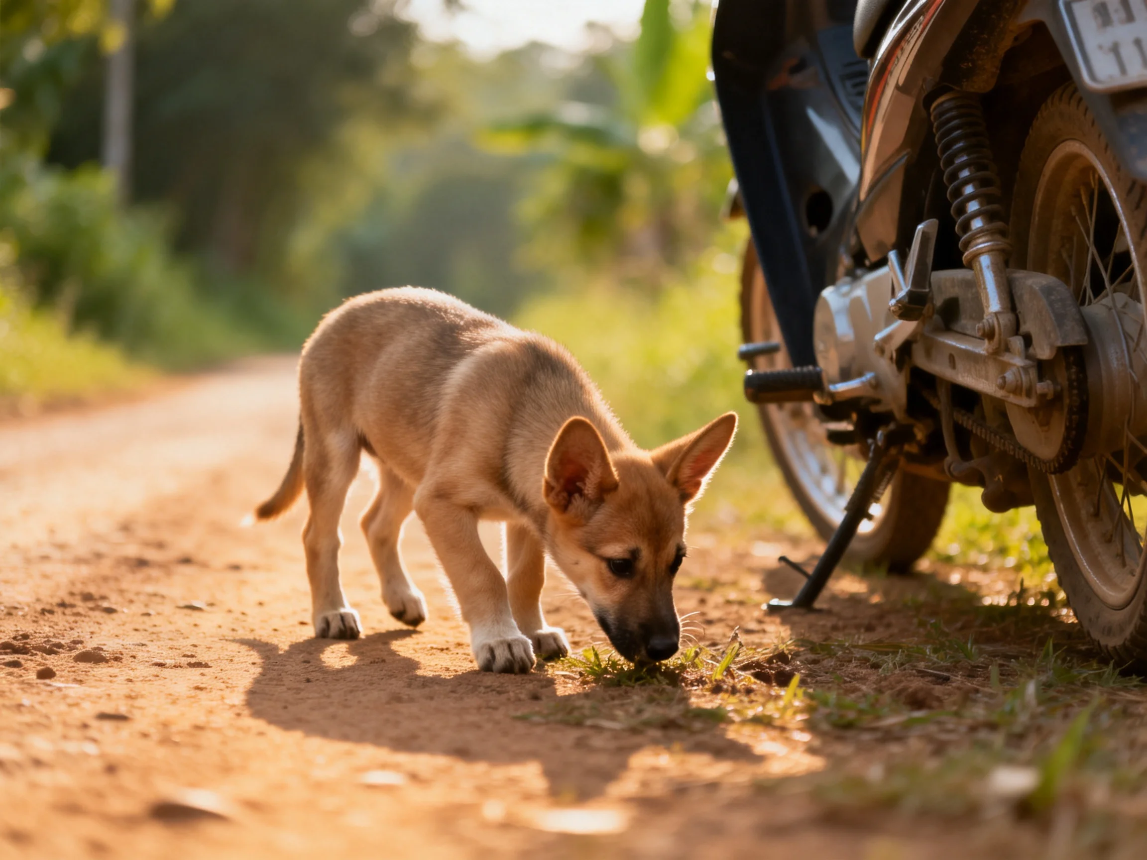 A small tan puppy sniffs grass near a motorbike on a dirt path