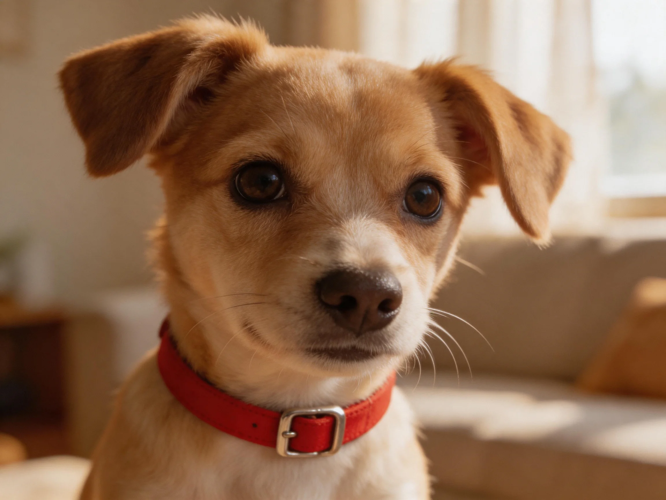 A small tan puppy with a red collar sits in a cozy indoor setting.