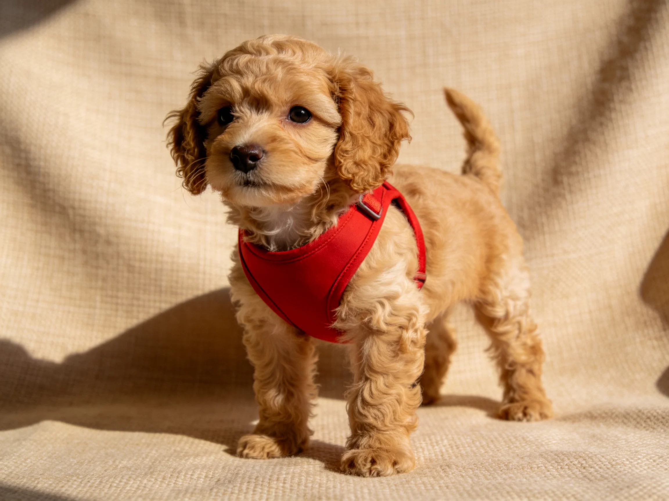 A small tan puppy with a red harness stands on a beige fabric.