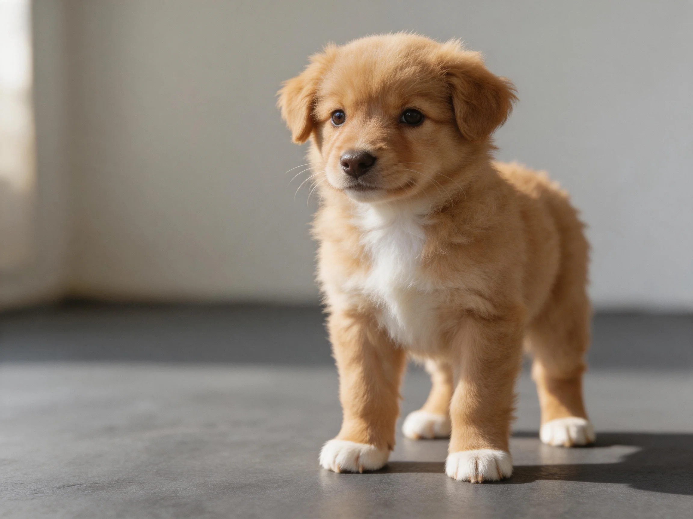A small tan puppy with white paws stands on a smooth floor