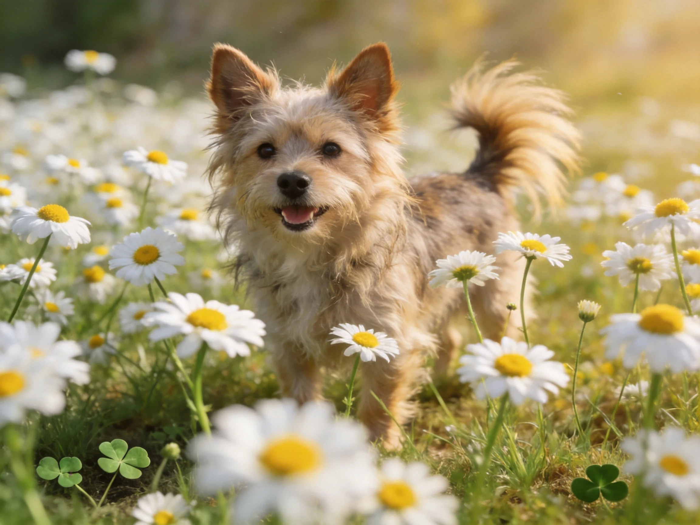 A small tan terrier enjoys a sunny day amid white daisies.
