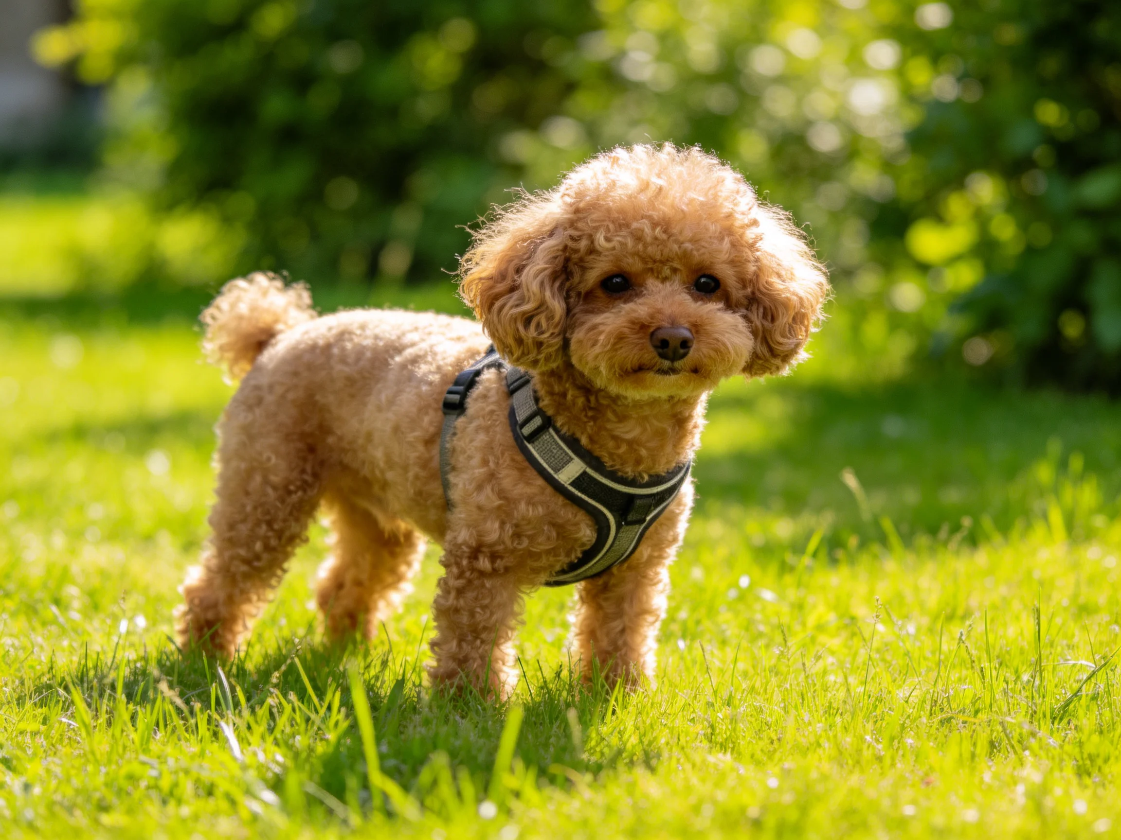 A small tan toy poodle stands on lush green grass