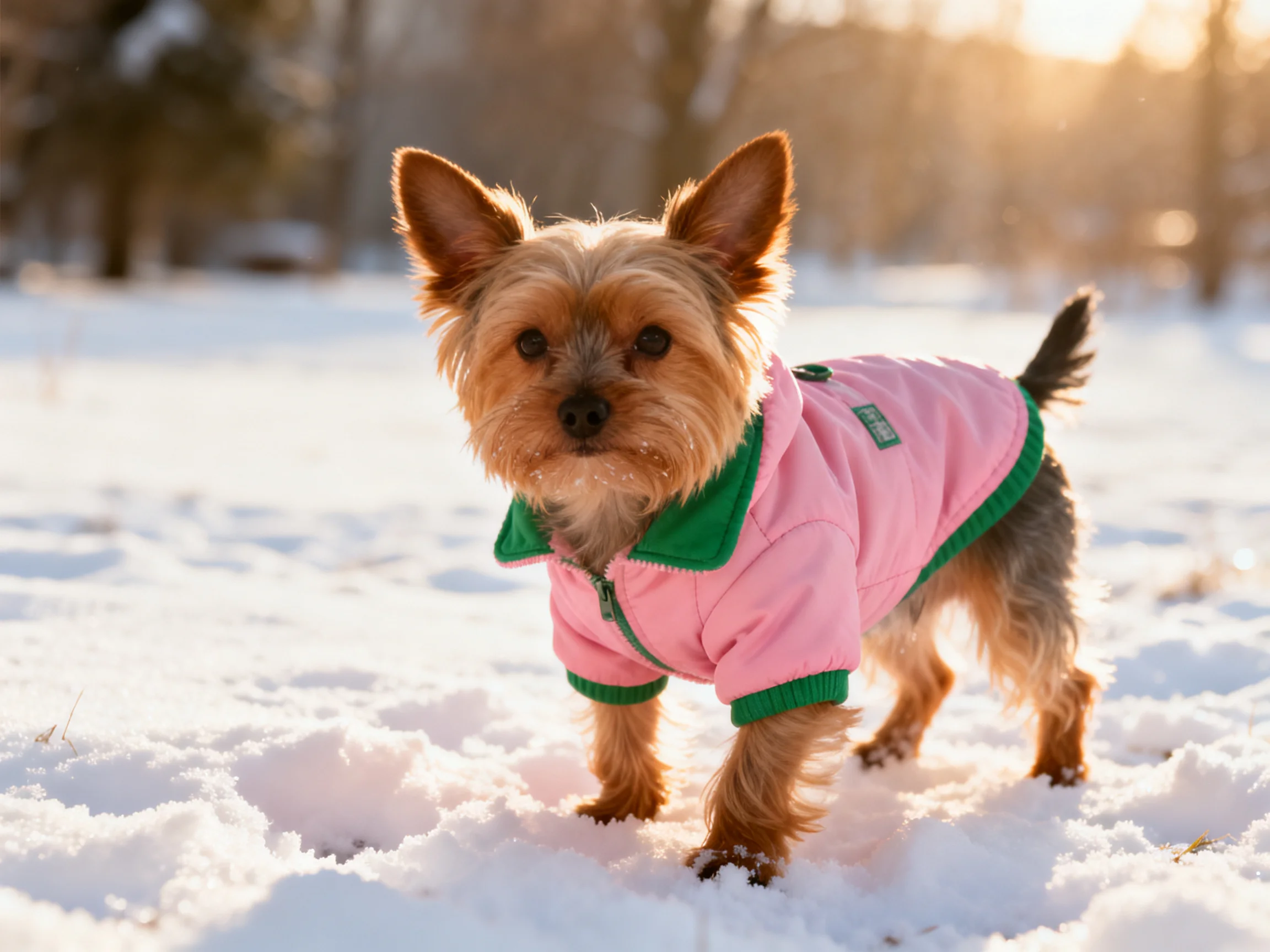 A small terrier dog in a pink and green jacket on a snowy landscape