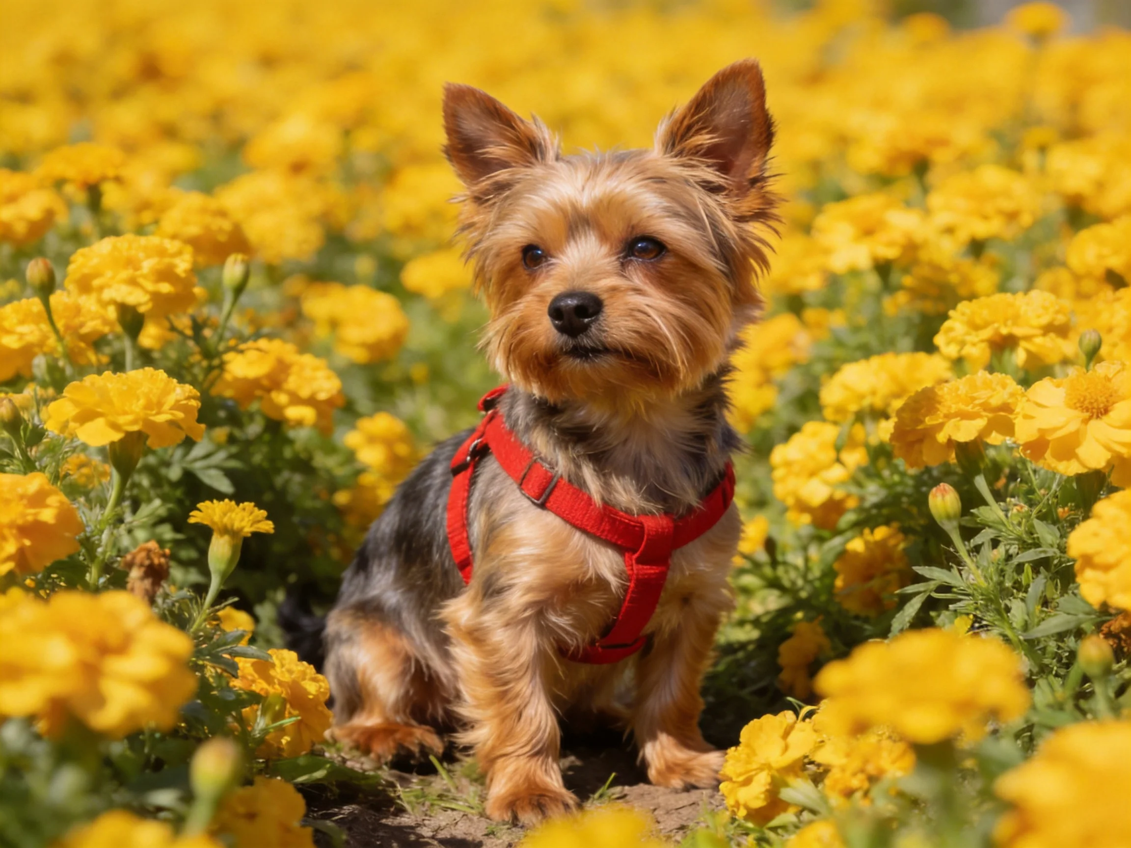 A small terrier dog sitting among numerous yellow marigold flowers
