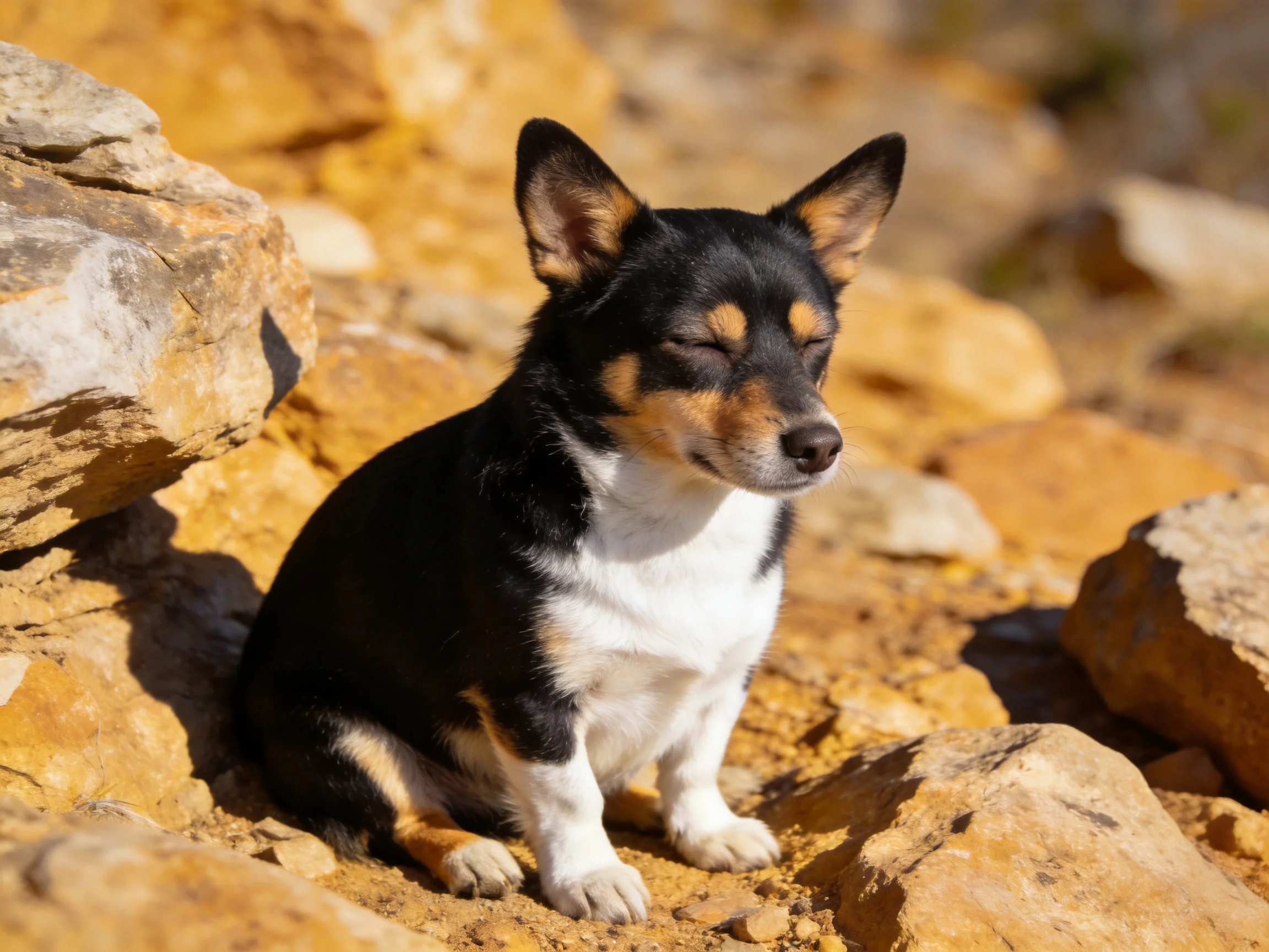 A small tri-colored dog sits calmly among rocks in bright daylight.