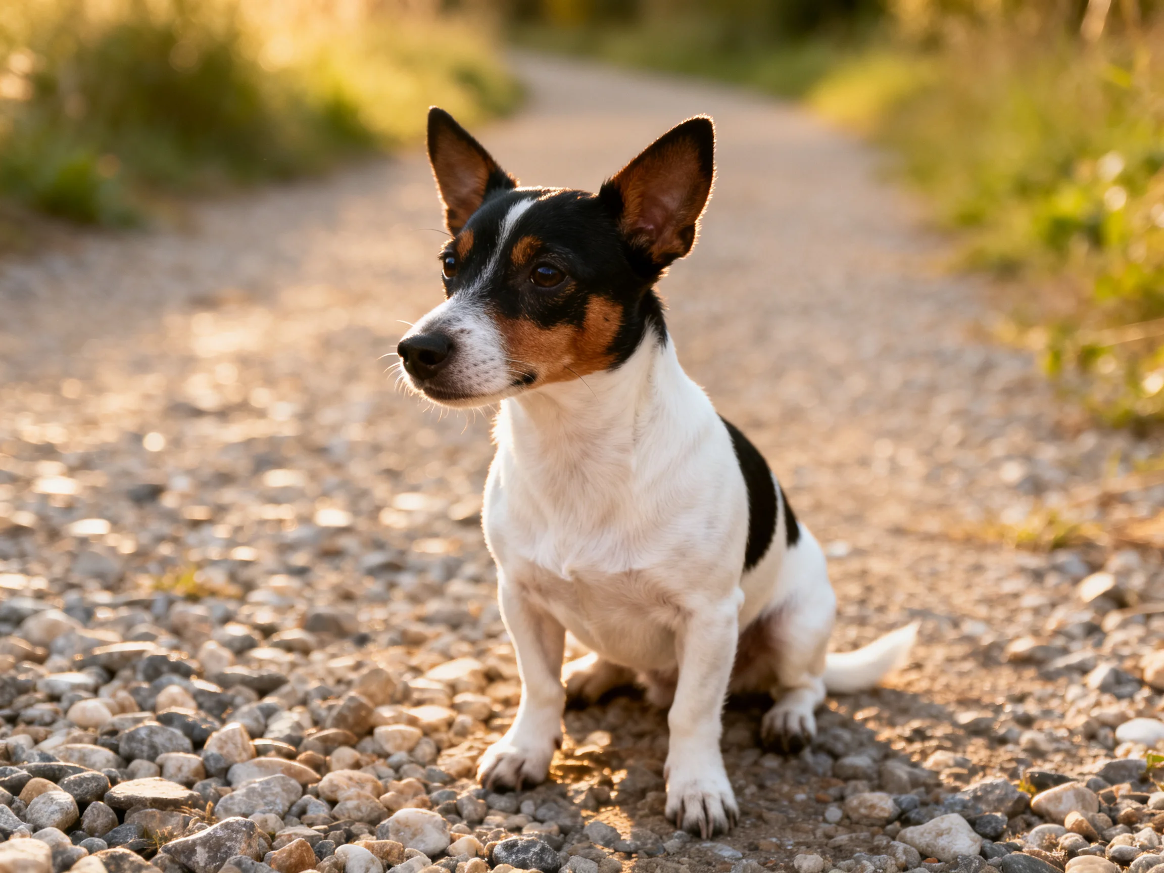 A small tri-colored dog sits calmly on a sunlit gravel path.