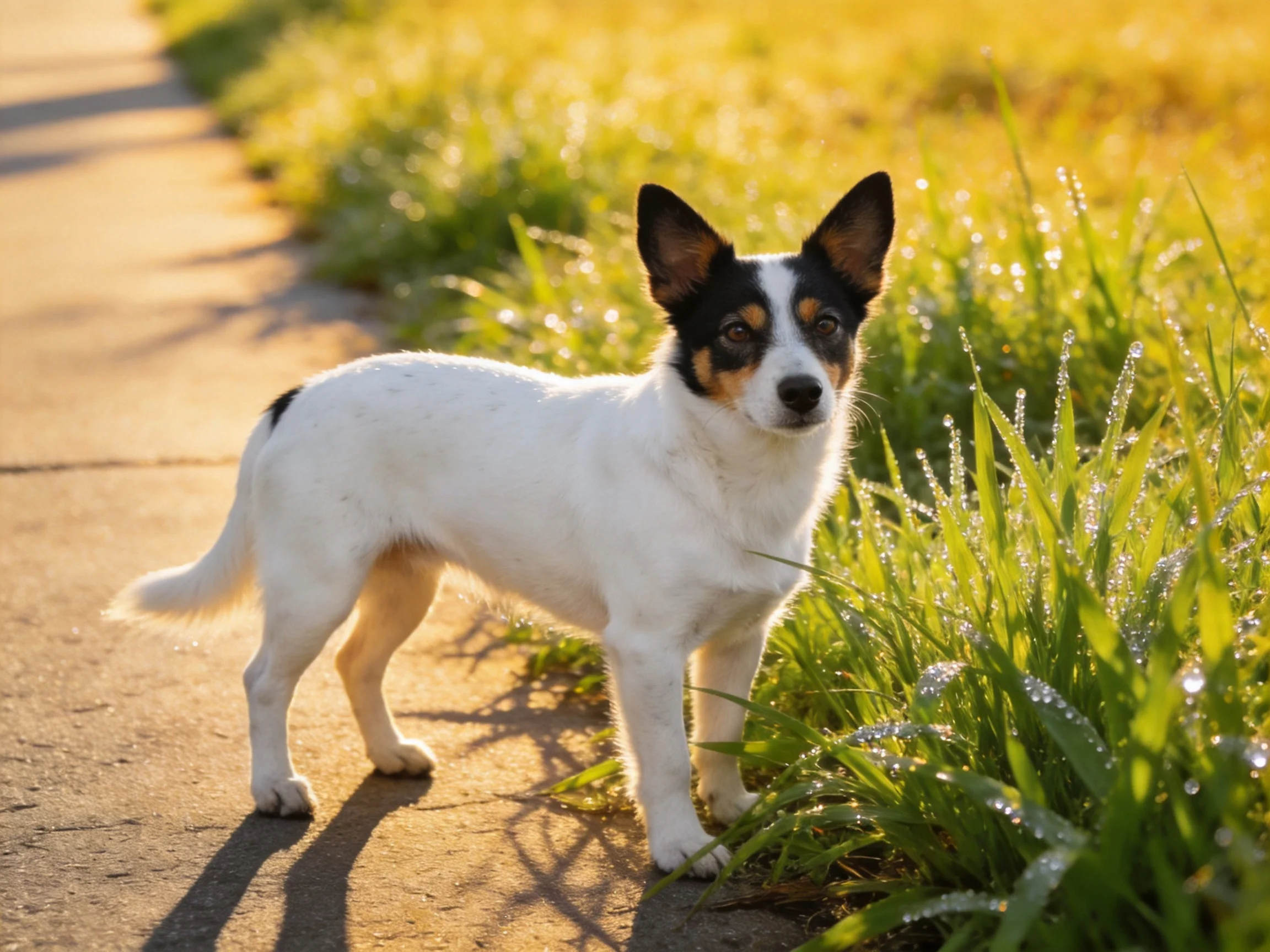 A small tri-colored dog stands next dewy grass beside a sunlit sidewalk.
