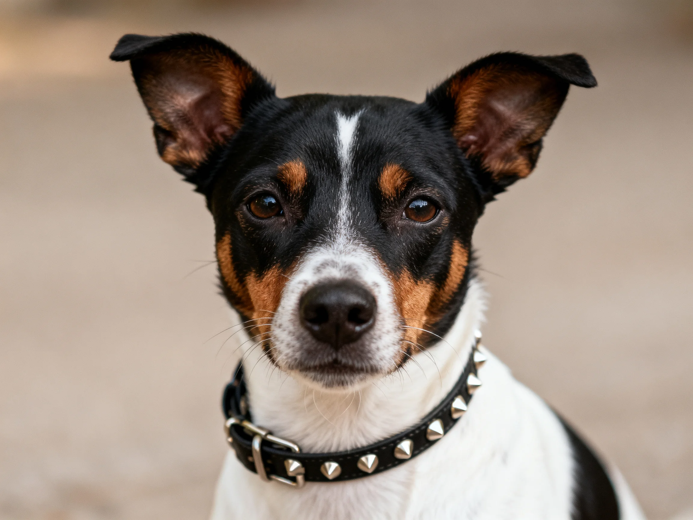 A small tri-colored dog with an edgy spiked collar sits calmly against a neutral backdrop.