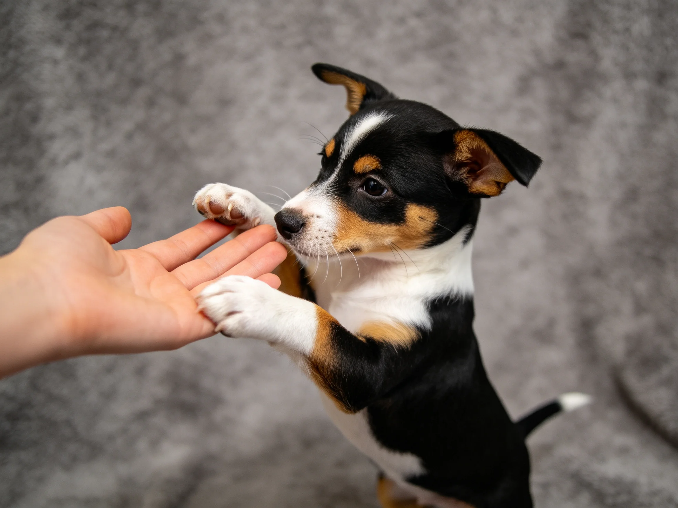 A small tri-colored puppy touches a human hand with its paws