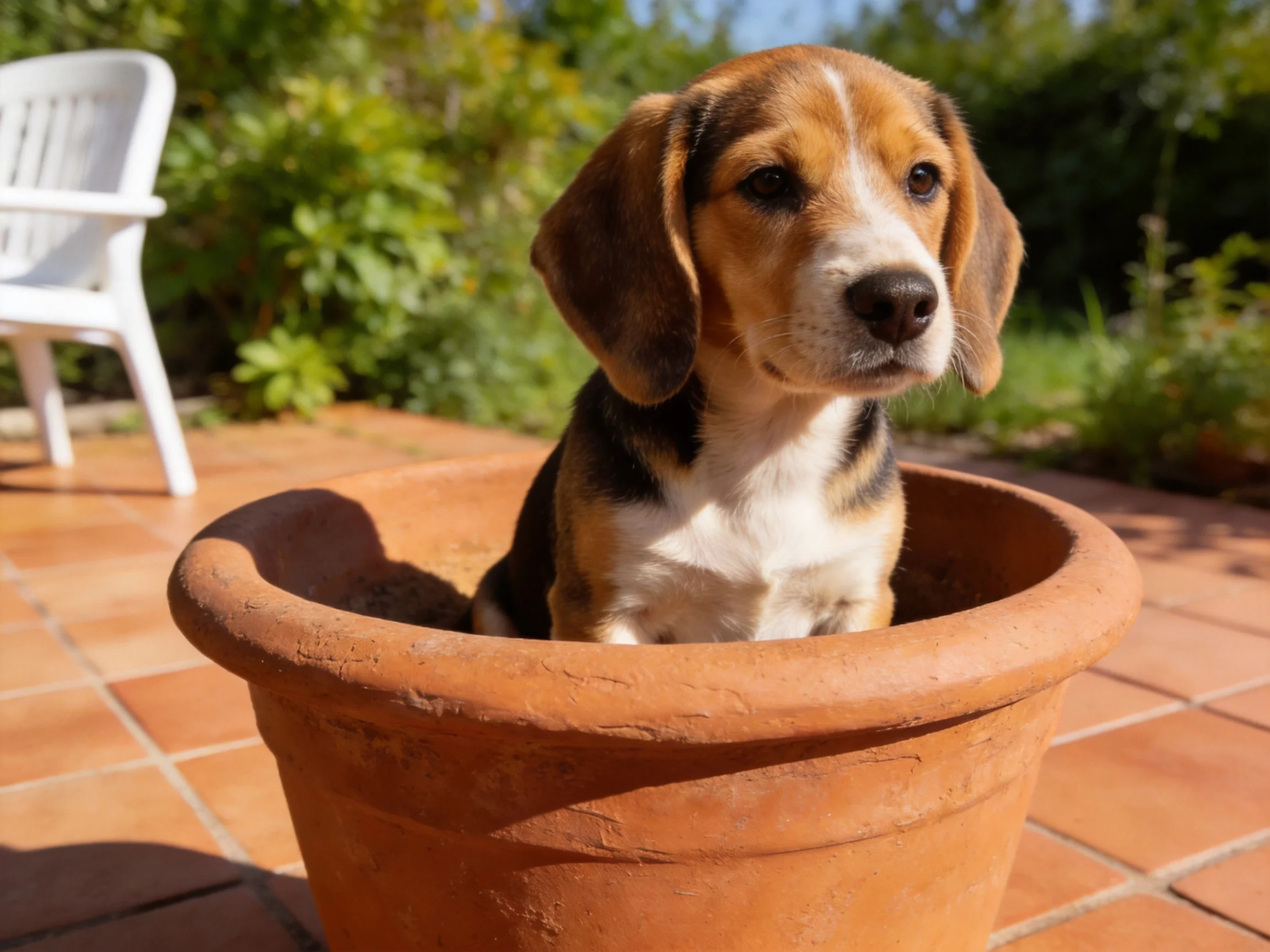 A small tricolor beagle puppy in a large terracotta pot on a tiled patio