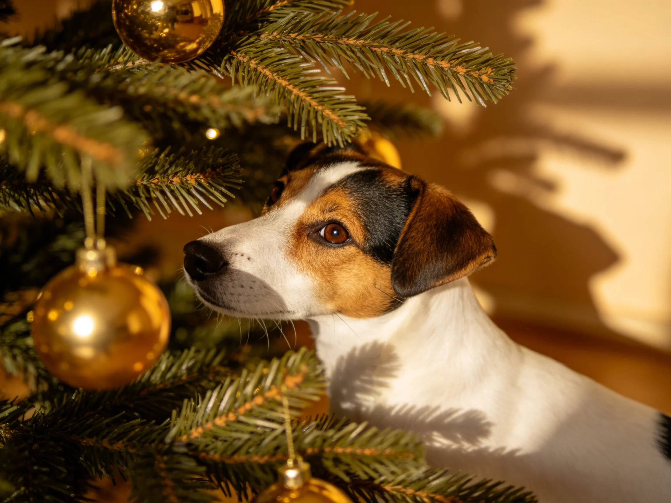 A small tricolor dog stands next to a decorated Christmas tree.