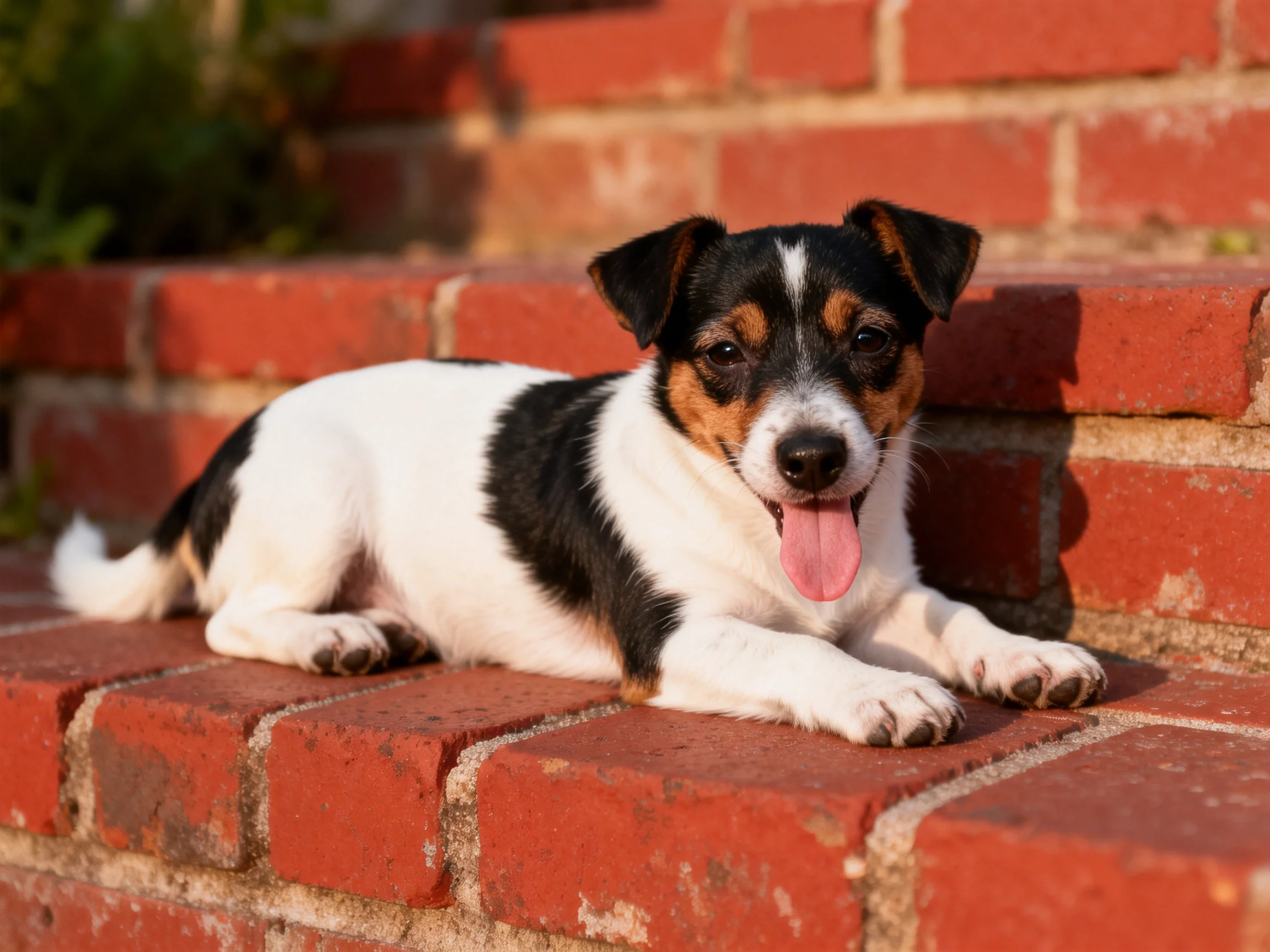A small tricolor dog lounges on weathered red brick steps