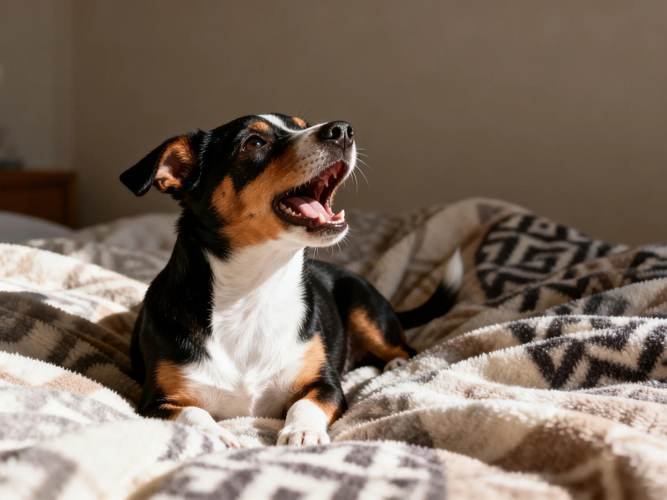 A small tricolor dog rests on a patterned blanket in a sunlit room.
