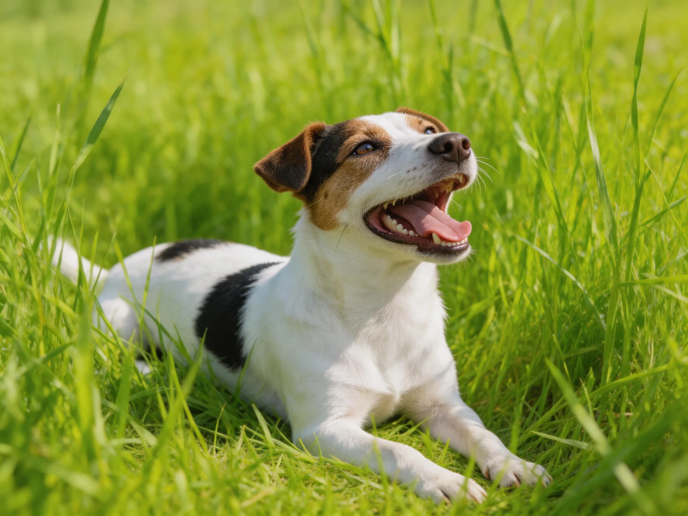 A small tricolor dog rests contentedly amid lush green grass