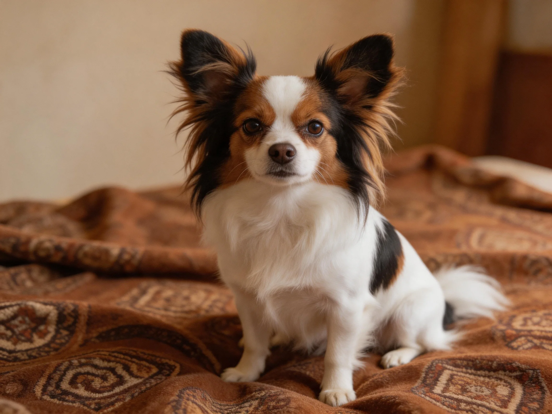 A small tricolor dog sits on a brown patterned blanket.