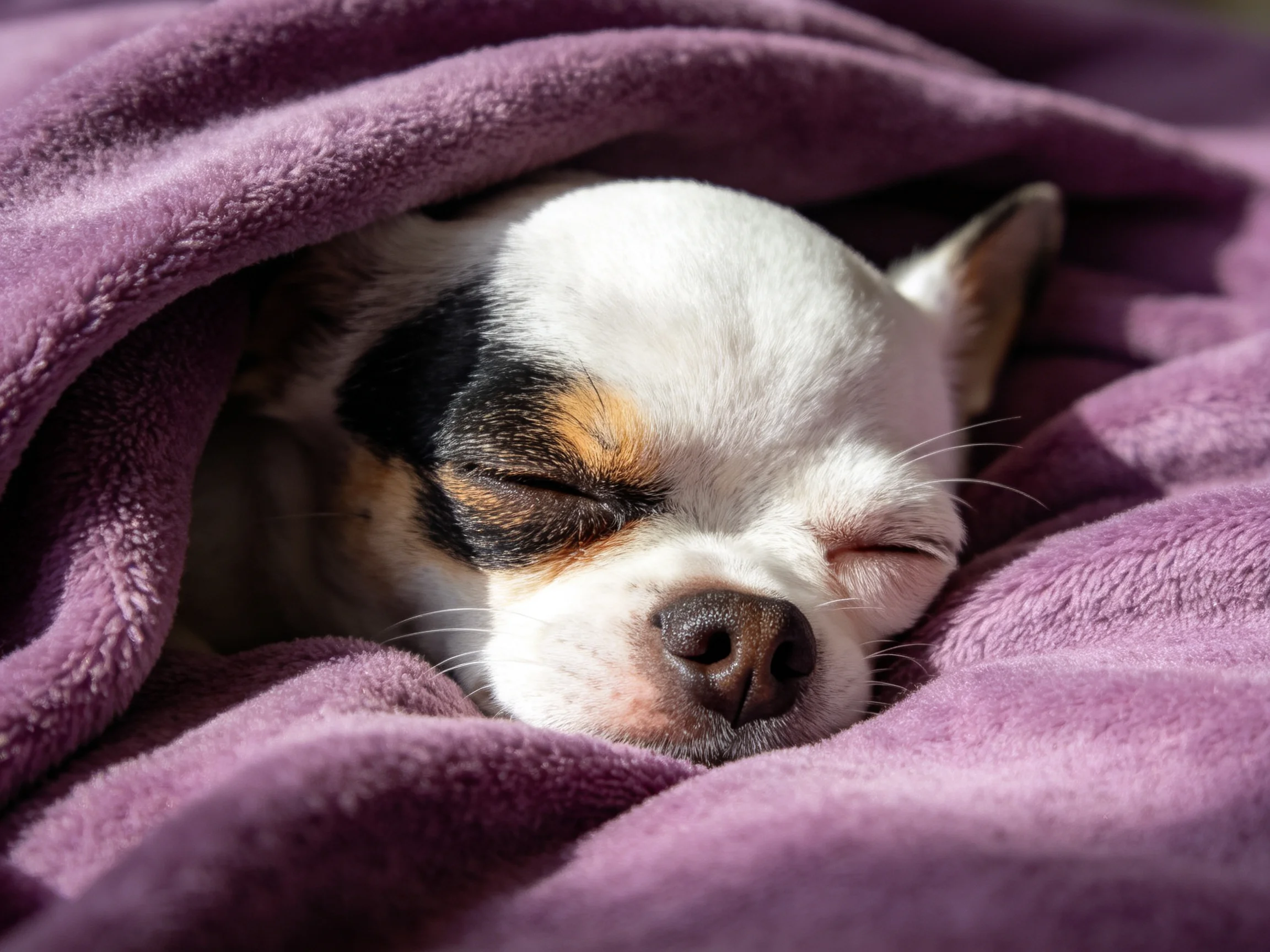 A small tricolor dog sleeps contentedly under a soft purple blanket.