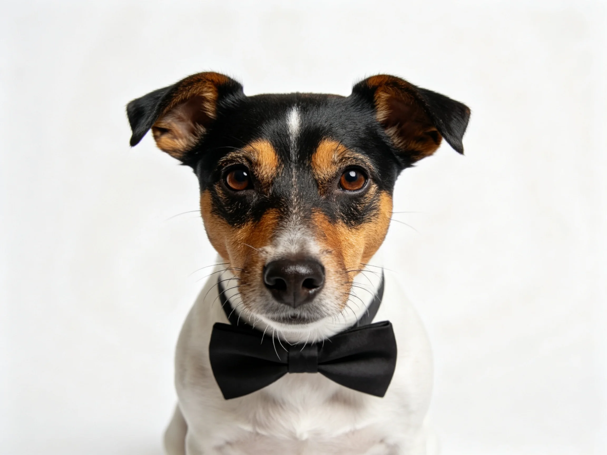 A small tricolor dog with a black bow tie is displayed against a white background.