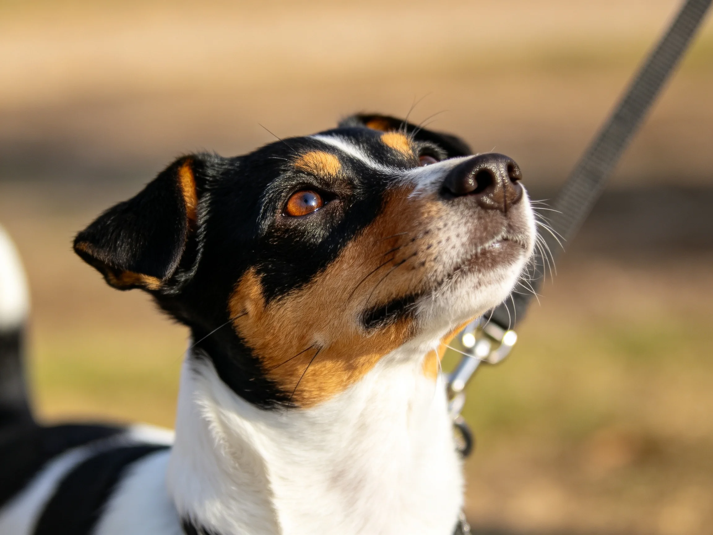A small tricolor dog looks upward while attached to a leash.