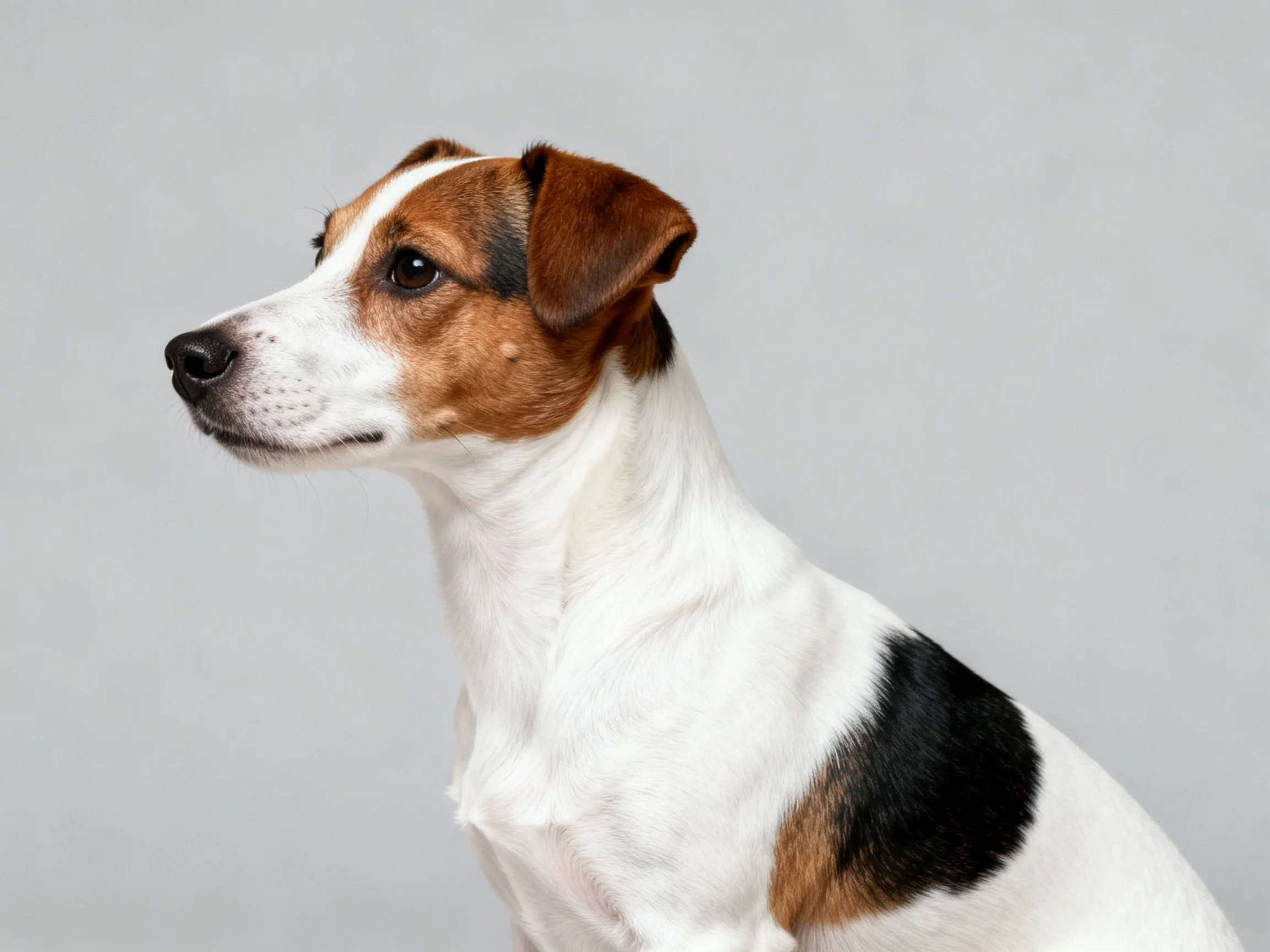 A small tricolor dog sits attentively against a plain gray backdrop.