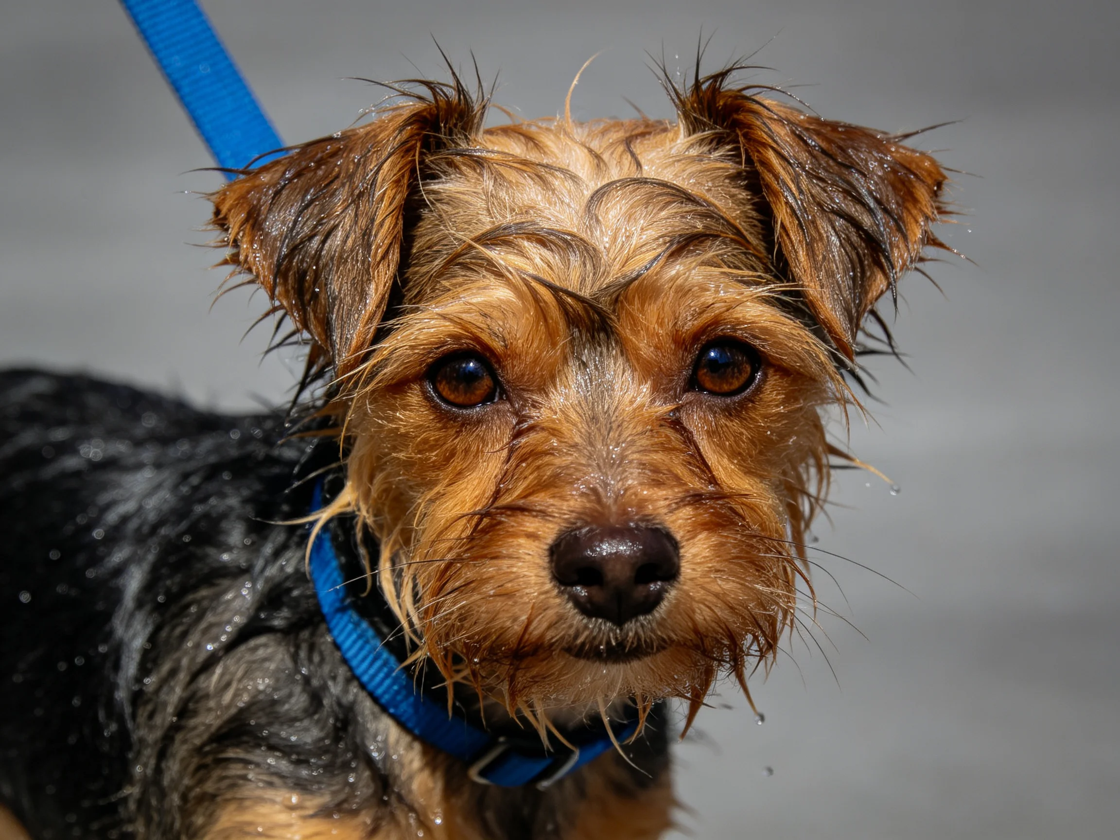 A small dog with wet fur stands near its blue leash and collar