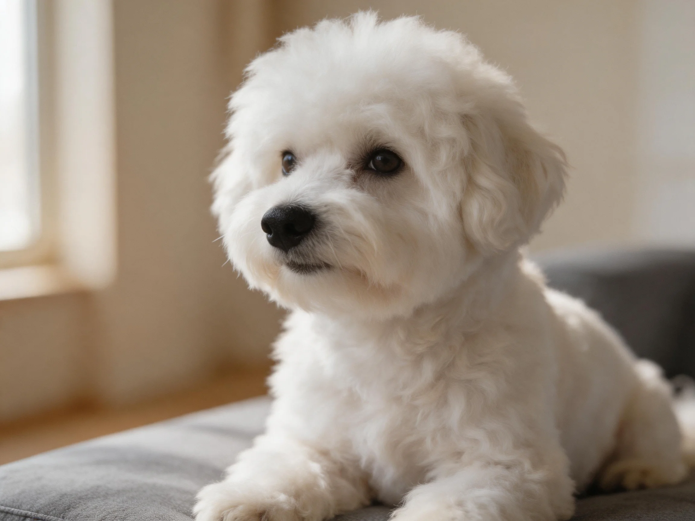 A small white Bichon Frise relaxes on a gray cushion near a window.