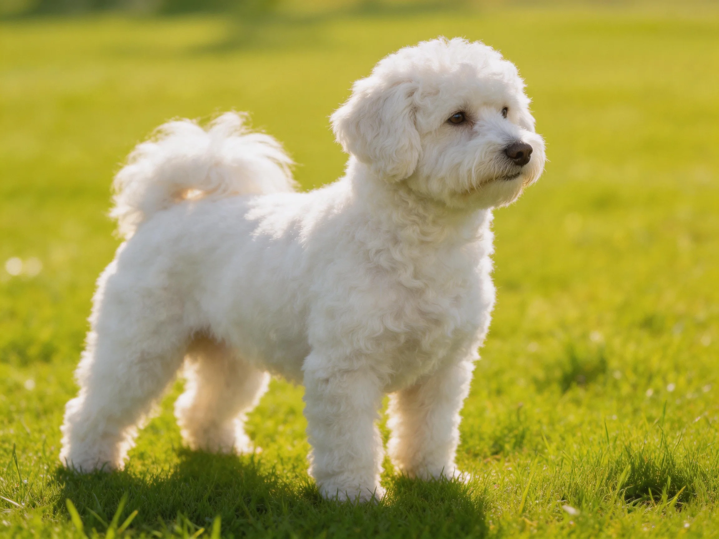 A small white Bichon Frise stands on a sunlit green lawn