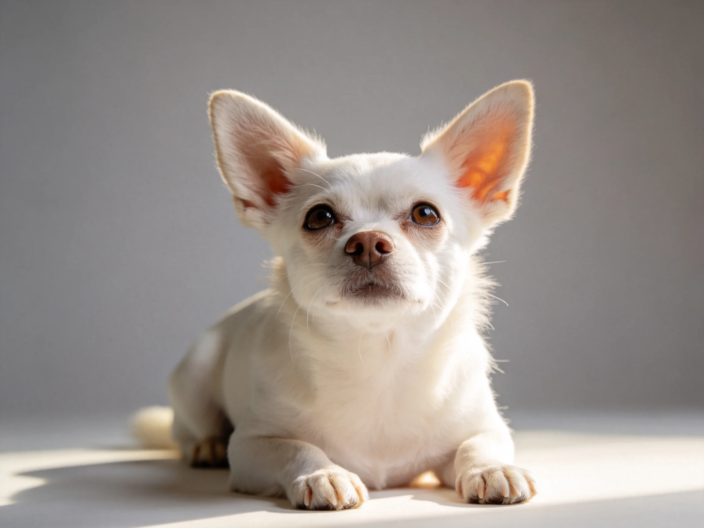 A small white Chihuahua rests against a neutral gray backdrop