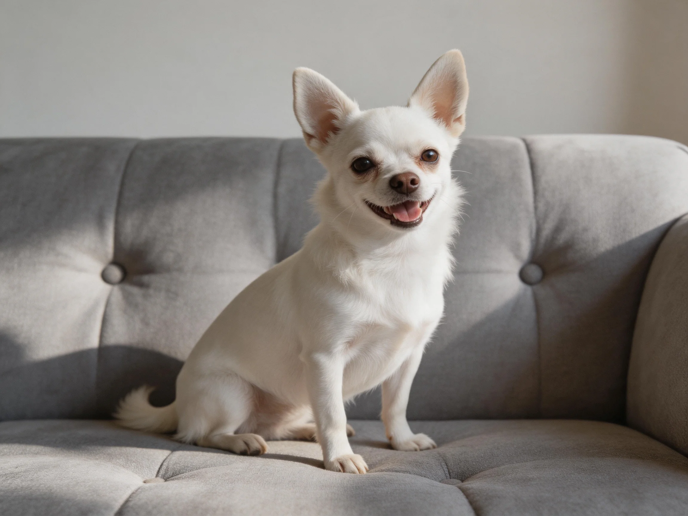 A small white Chihuahua sits happily on a tufted gray sofa.